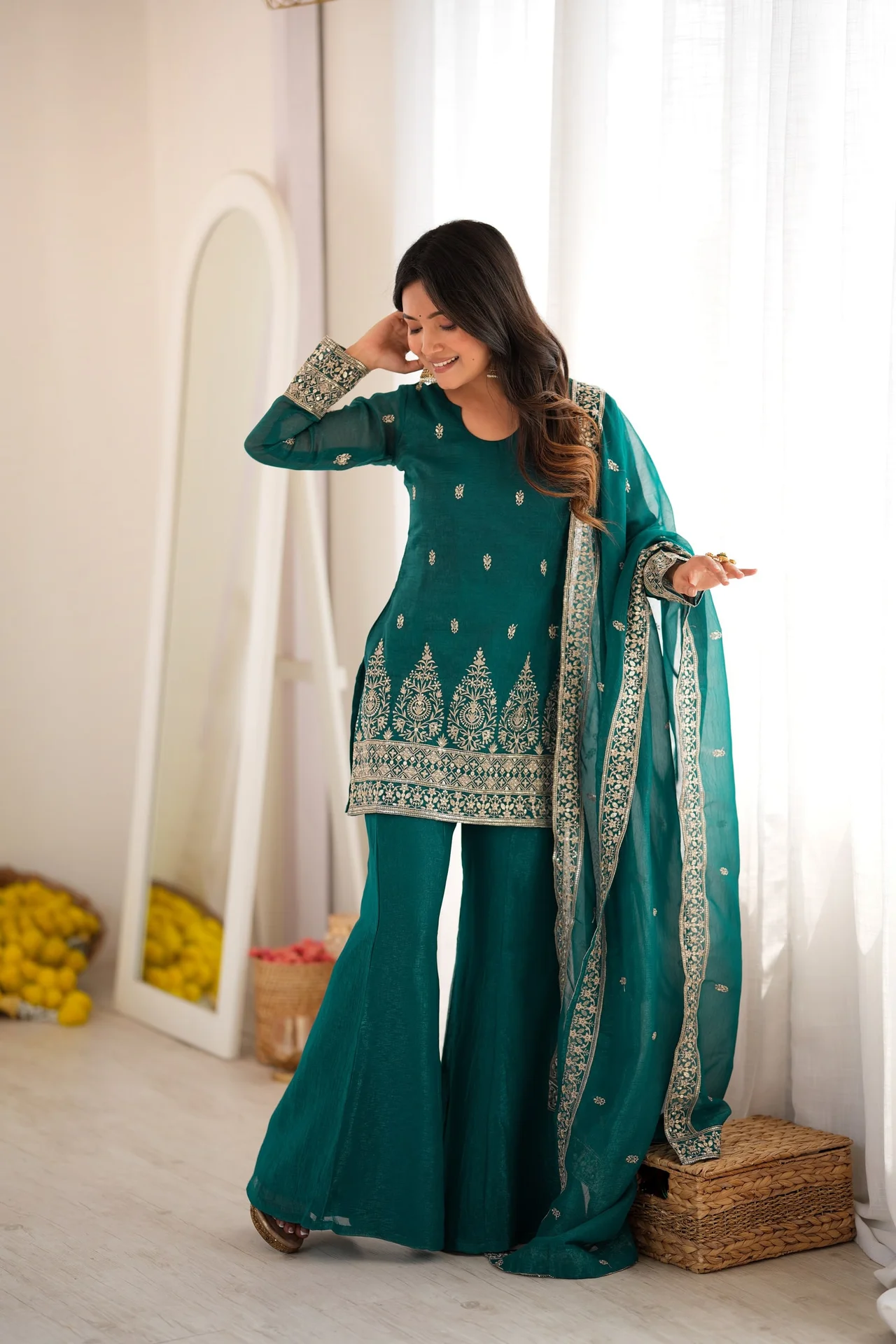 Crunchy Silk Embroidery Sequence Jari Work Top Dupatta & Bell Bottom Pant Set in Sea Green — photo 2 of 10