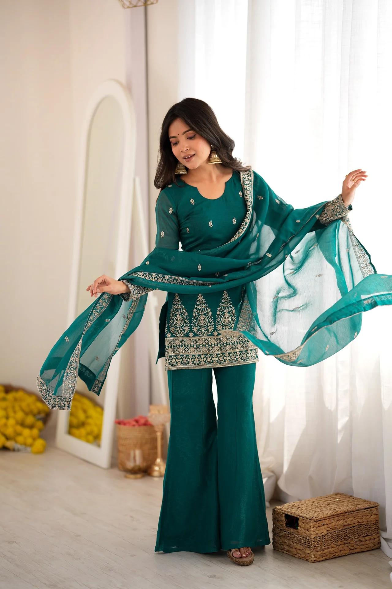 Crunchy Silk Embroidery Sequence Jari Work Top Dupatta & Bell Bottom Pant Set in Sea Green — photo 3 of 10