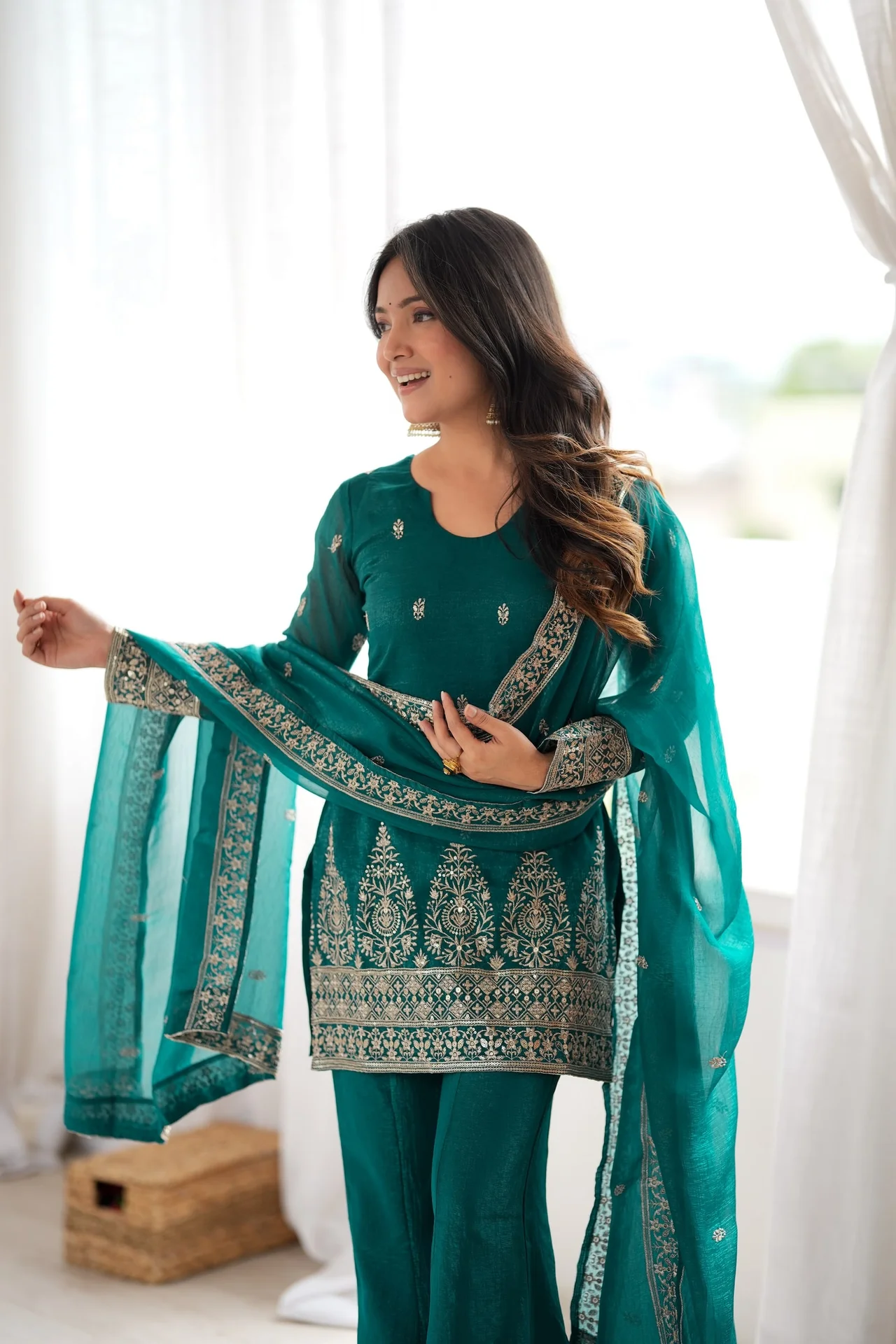 Crunchy Silk Embroidery Sequence Jari Work Top Dupatta & Bell Bottom Pant Set in Sea Green — photo 4 of 10
