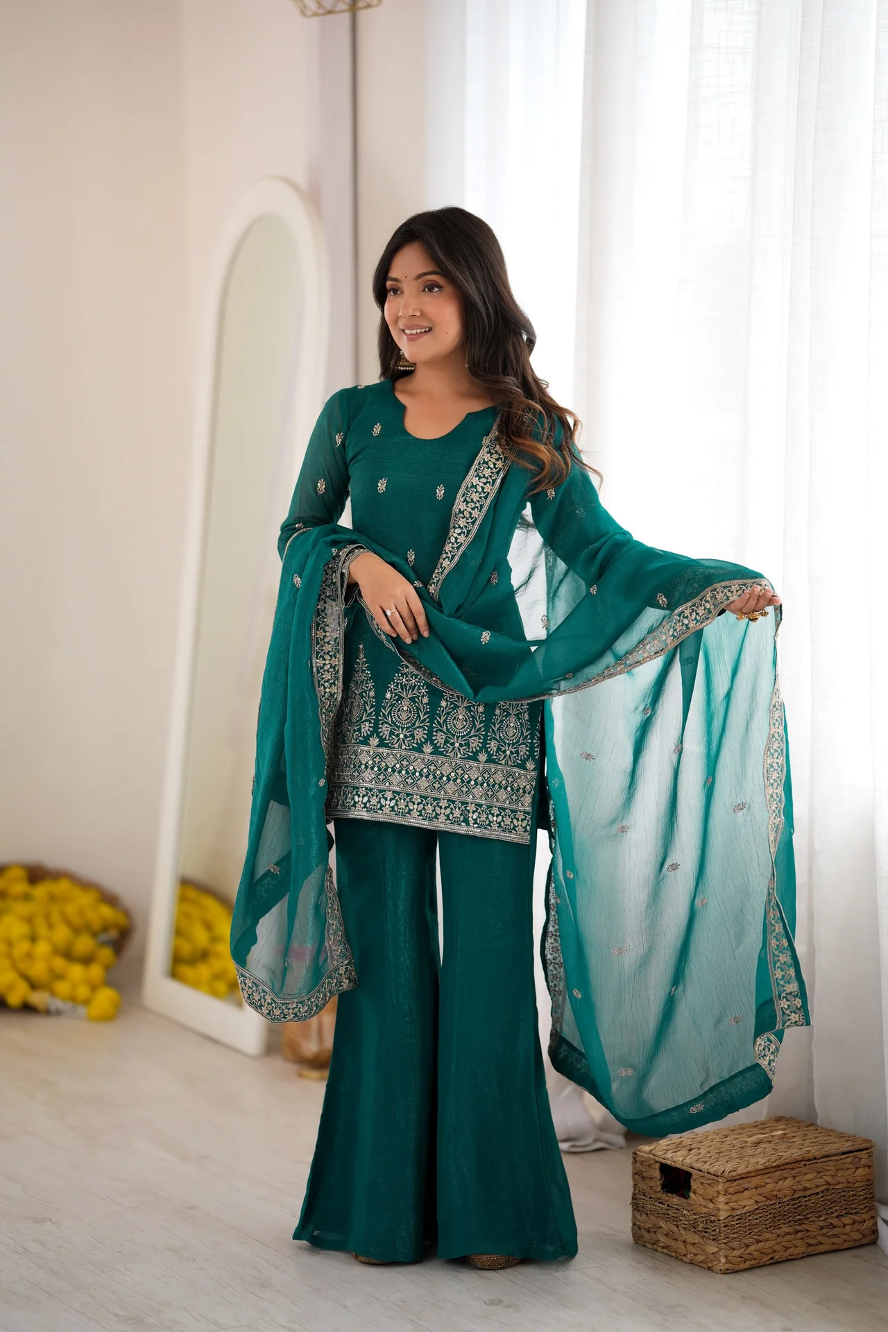 Crunchy Silk Embroidery Sequence Jari Work Top Dupatta & Bell Bottom Pant Set in Sea Green — photo 5 of 10