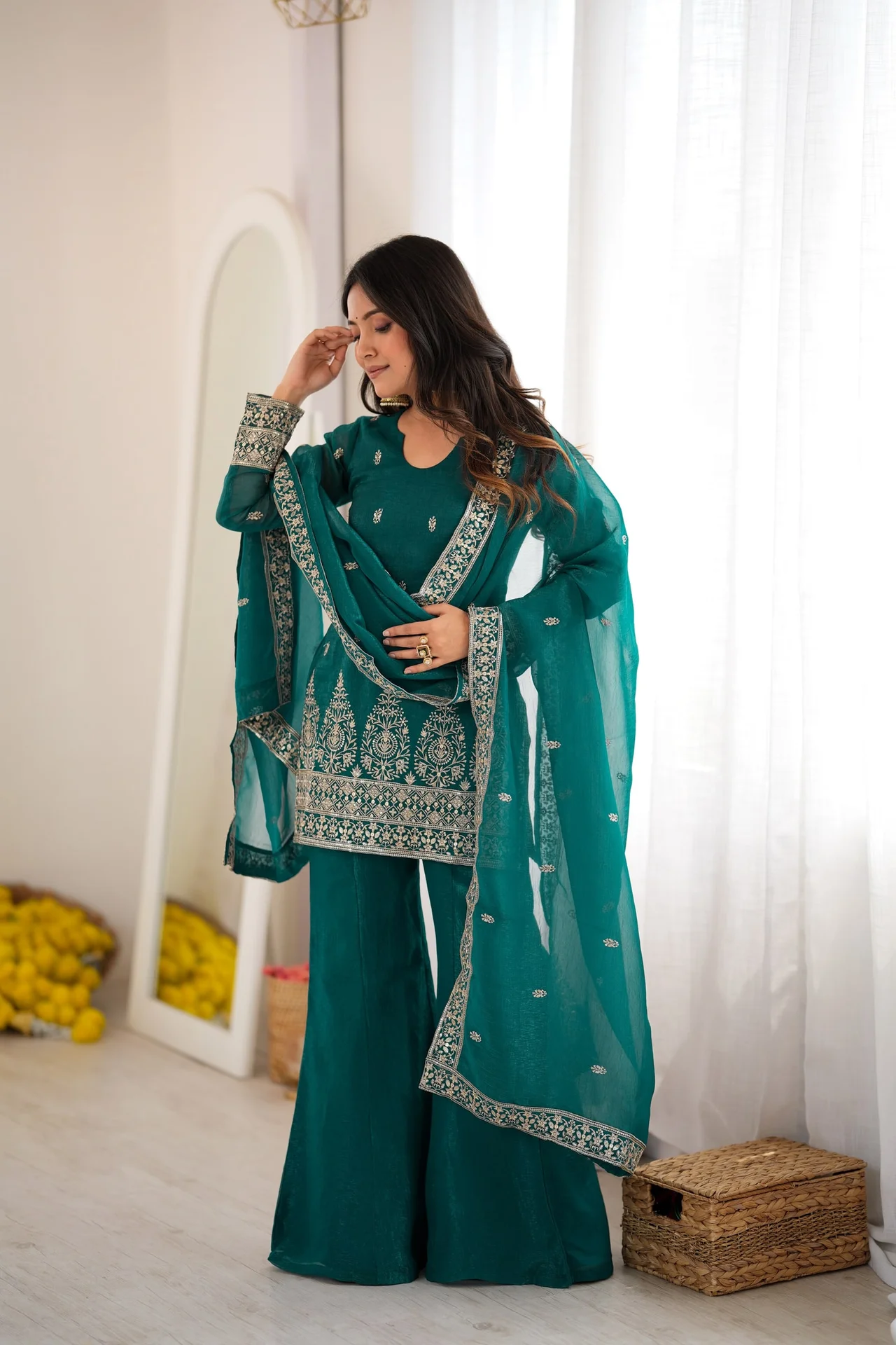 Crunchy Silk Embroidery Sequence Jari Work Top Dupatta & Bell Bottom Pant Set in Sea Green — photo 6 of 10