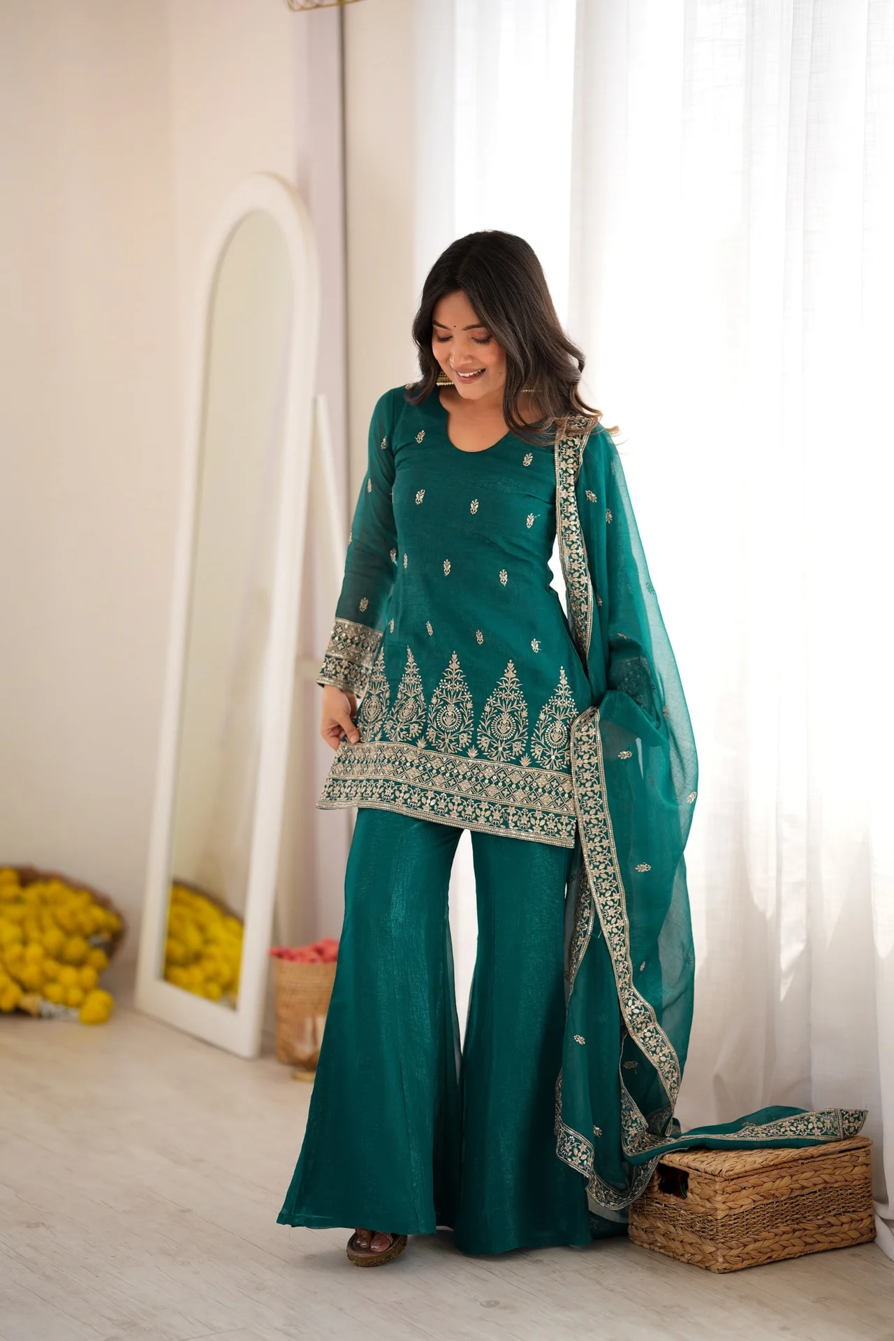 Crunchy Silk Embroidery Sequence Jari Work Top Dupatta & Bell Bottom Pant Set in Sea Green — photo 7 of 10
