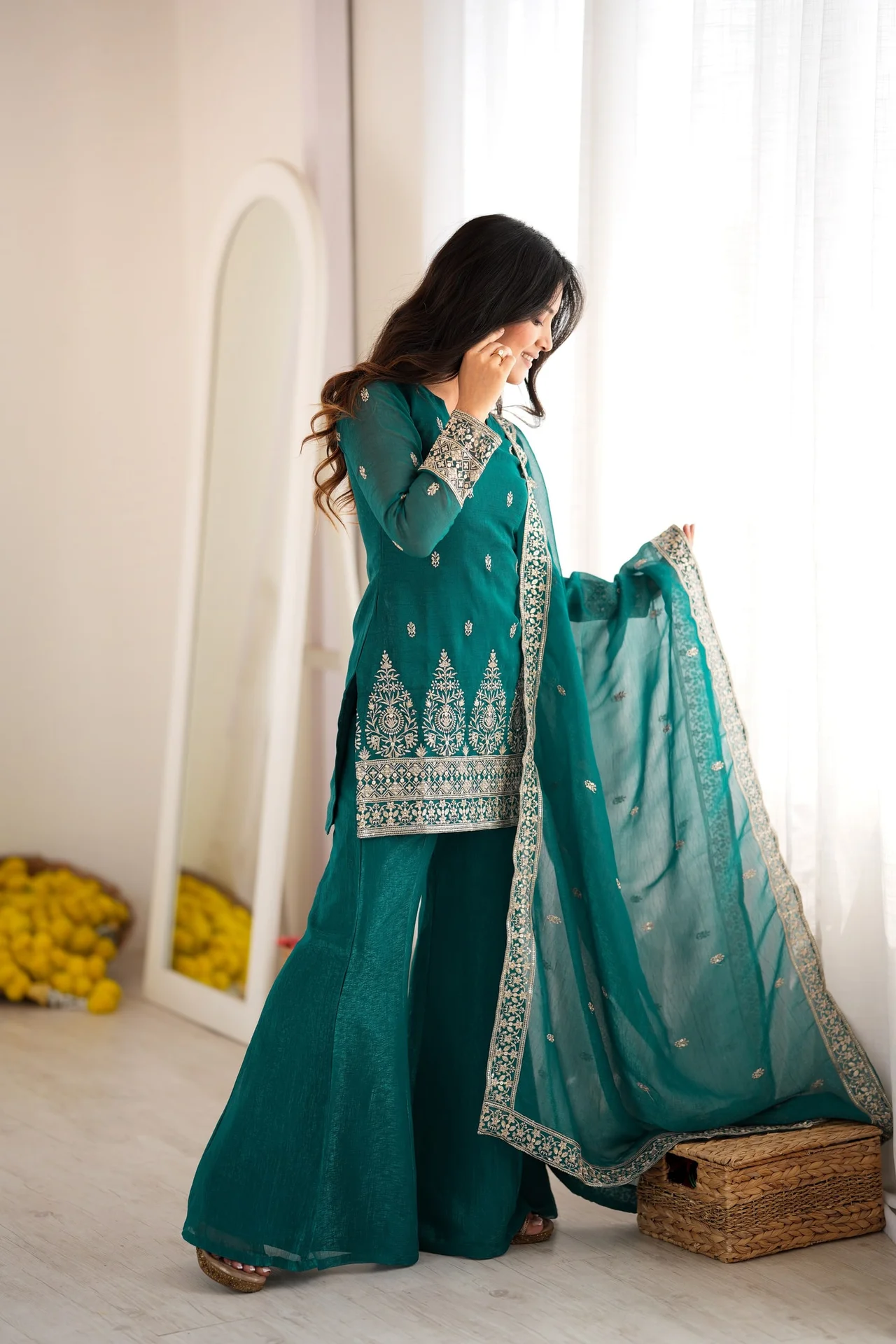 Crunchy Silk Embroidery Sequence Jari Work Top Dupatta & Bell Bottom Pant Set in Sea Green — photo 8 of 10