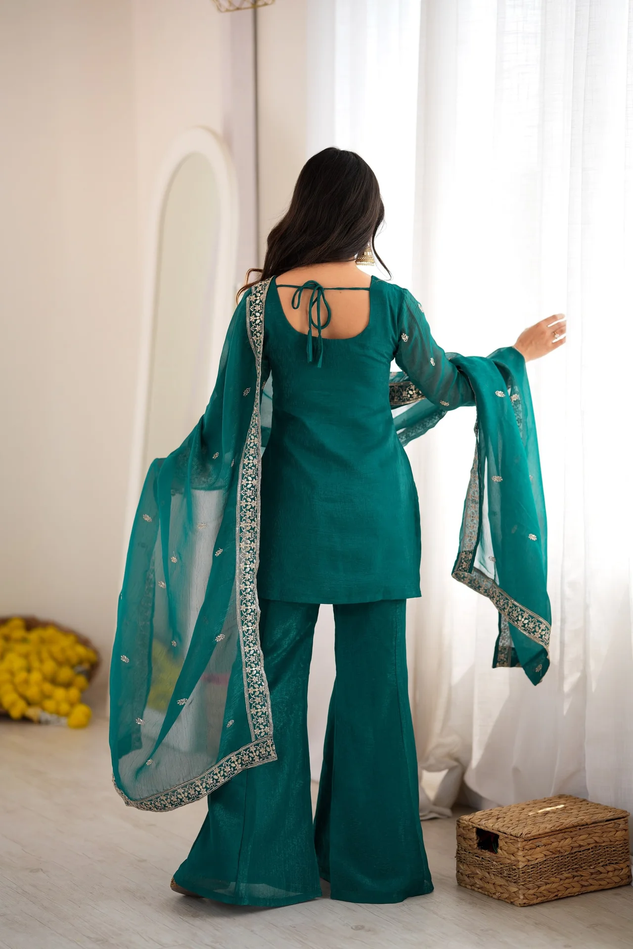 Crunchy Silk Embroidery Sequence Jari Work Top Dupatta & Bell Bottom Pant Set in Sea Green — photo 9 of 10