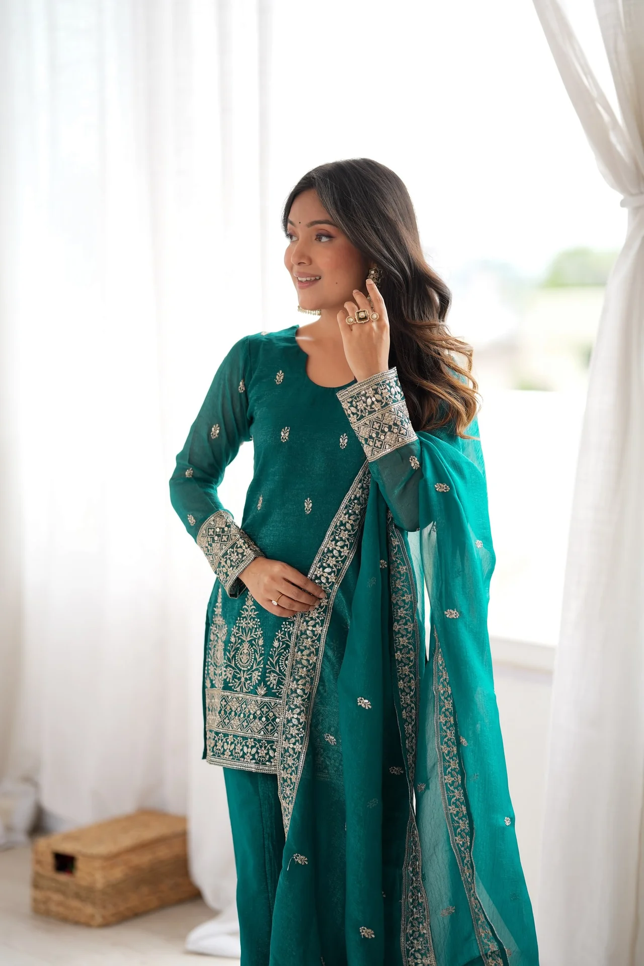 Crunchy Silk Embroidery Sequence Jari Work Top Dupatta & Bell Bottom Pant Set in Sea Green — photo 10 of 10