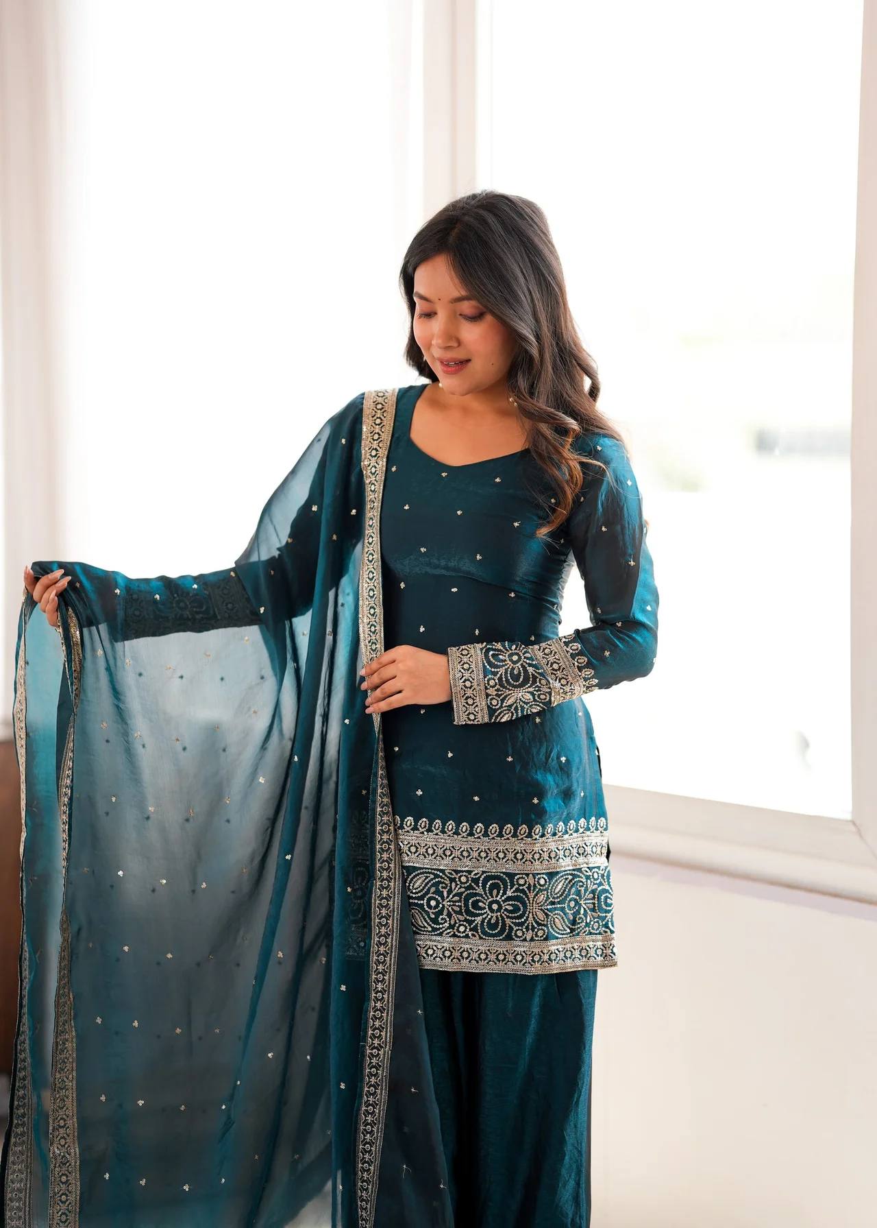 Heavy Fendy Silk Farshi Shalwar Suit Set with Embroidery Sequence & Jari Work in Sea Green — photo 2 of 7