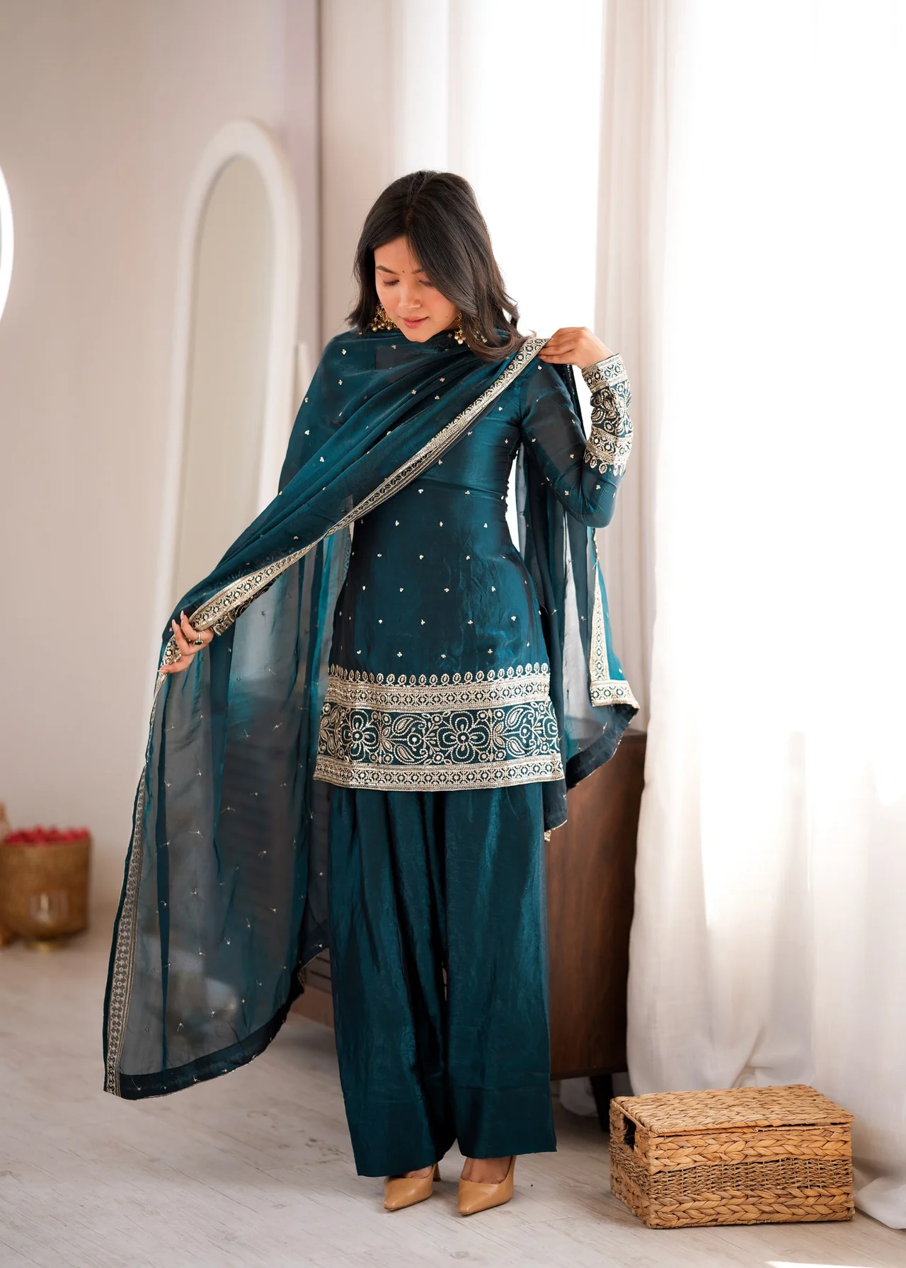 Heavy Fendy Silk Farshi Shalwar Suit Set with Embroidery Sequence & Jari Work in Sea Green — photo 3 of 7