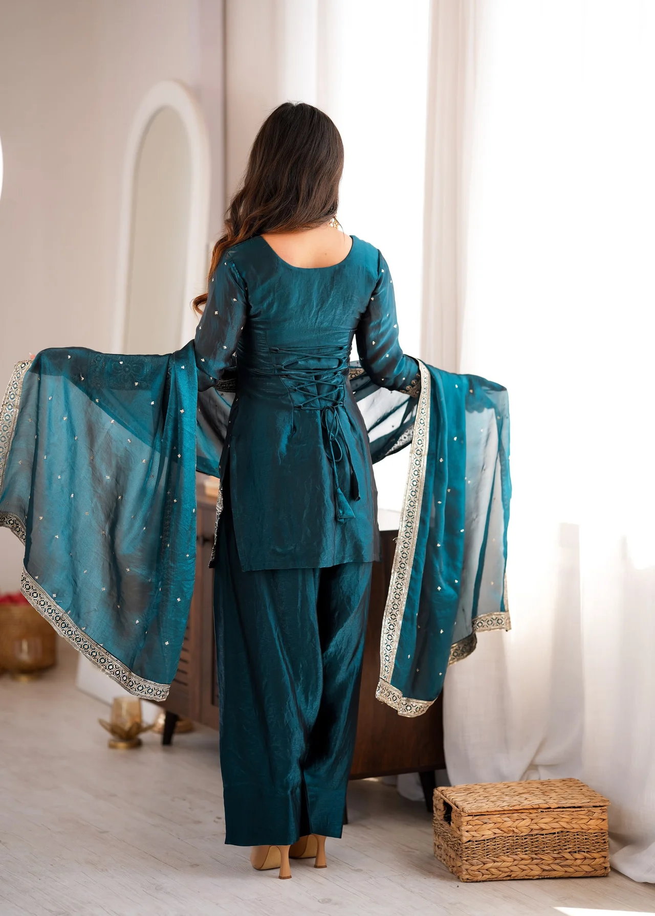 Heavy Fendy Silk Farshi Shalwar Suit Set with Embroidery Sequence & Jari Work in Sea Green — photo 6 of 7