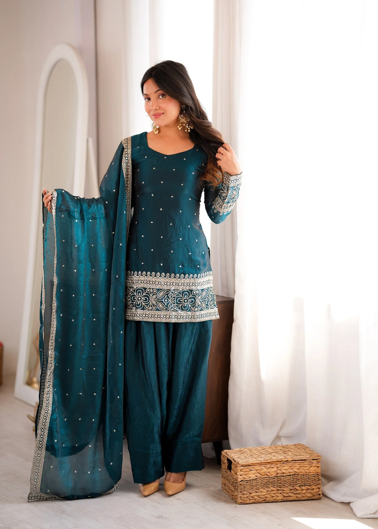 Heavy Fendy Silk Farshi Shalwar Suit Set with Embroidery Sequence & Jari Work in Sea Green — photo 7 of 7