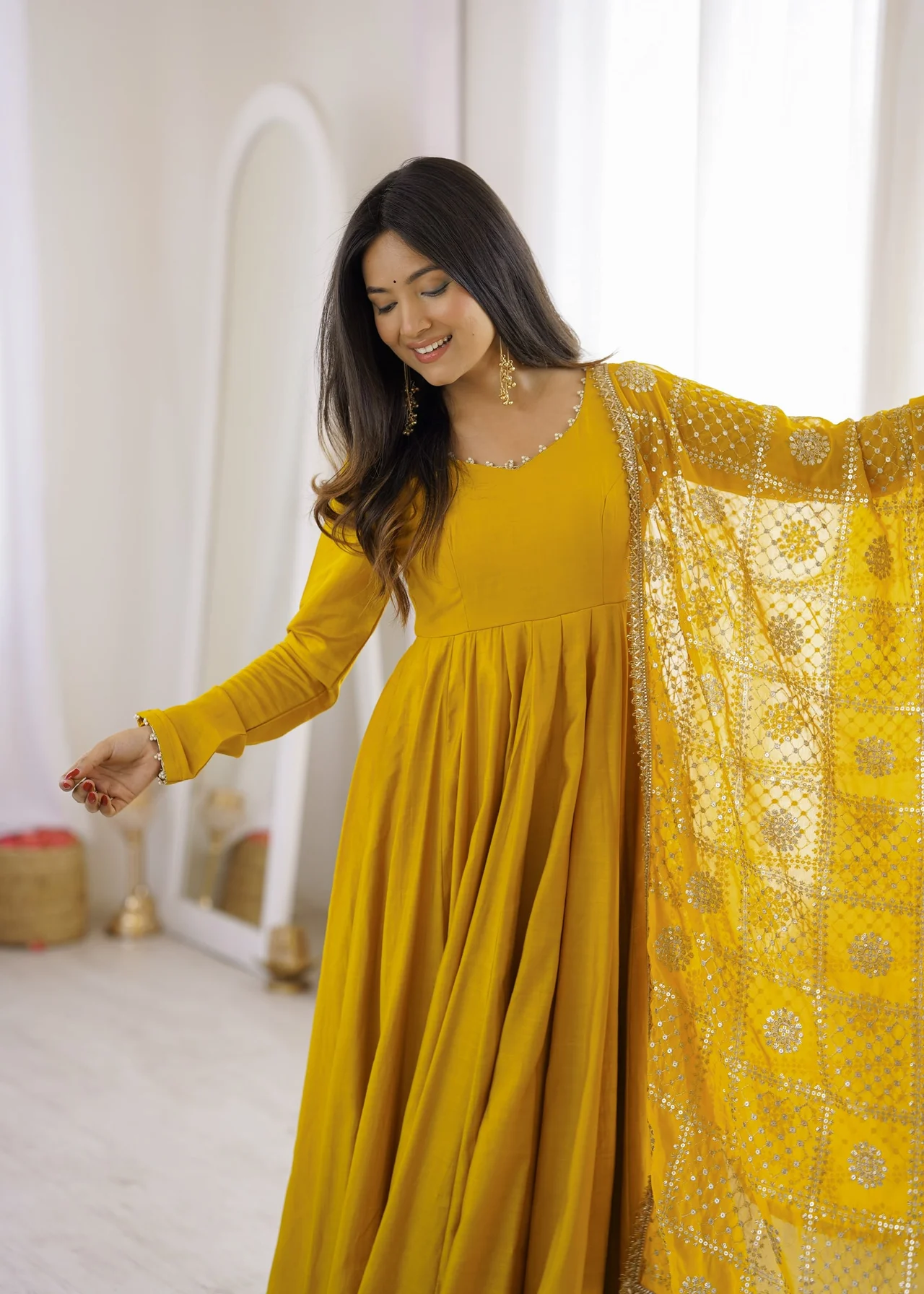 Premium Pure RomanSilk Chanderi 16 Kali Flare Anarkali Gown with Dupatta in Yellow — photo 2 of 10