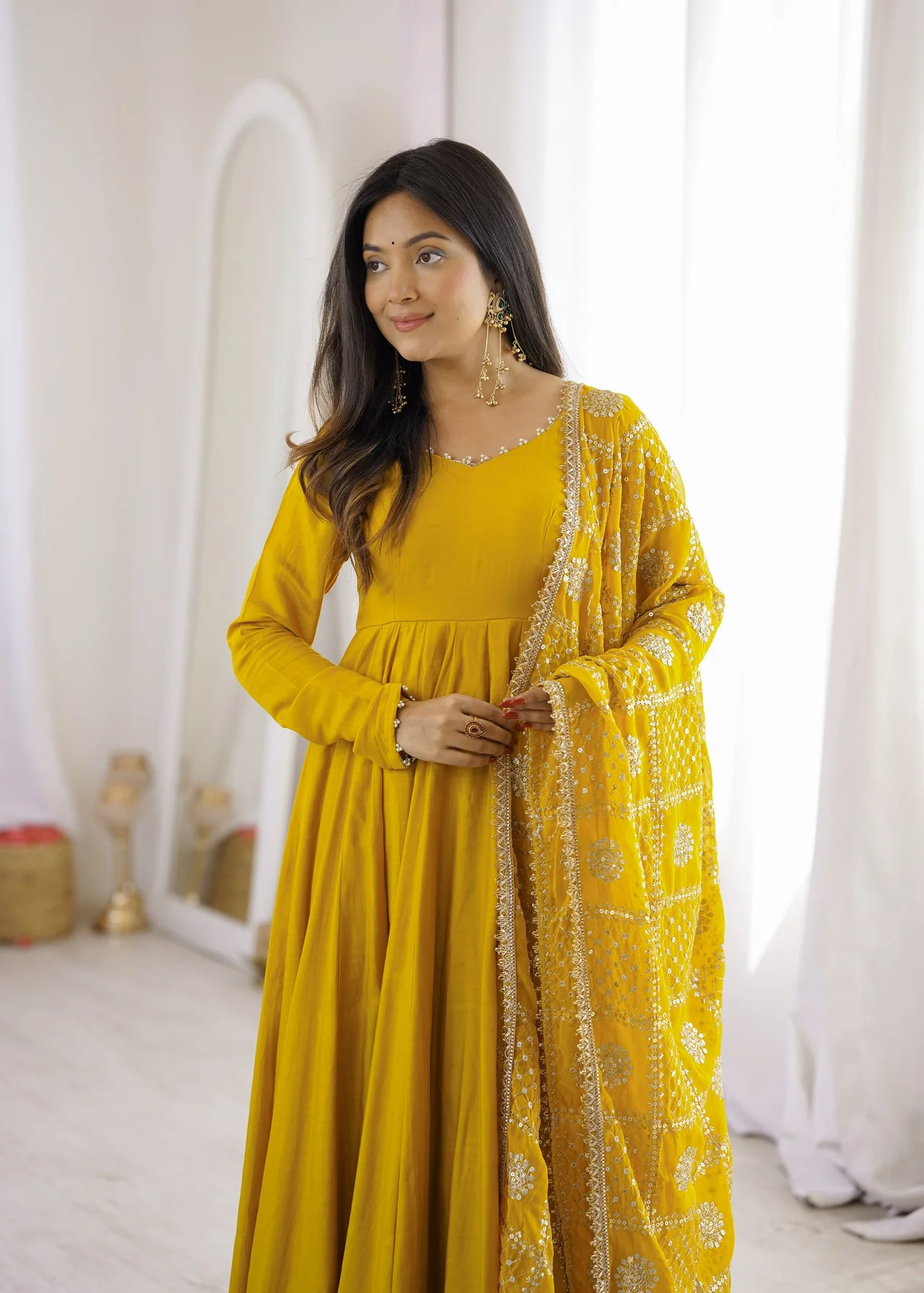 Premium Pure RomanSilk Chanderi 16 Kali Flare Anarkali Gown with Dupatta in Yellow — photo 3 of 10