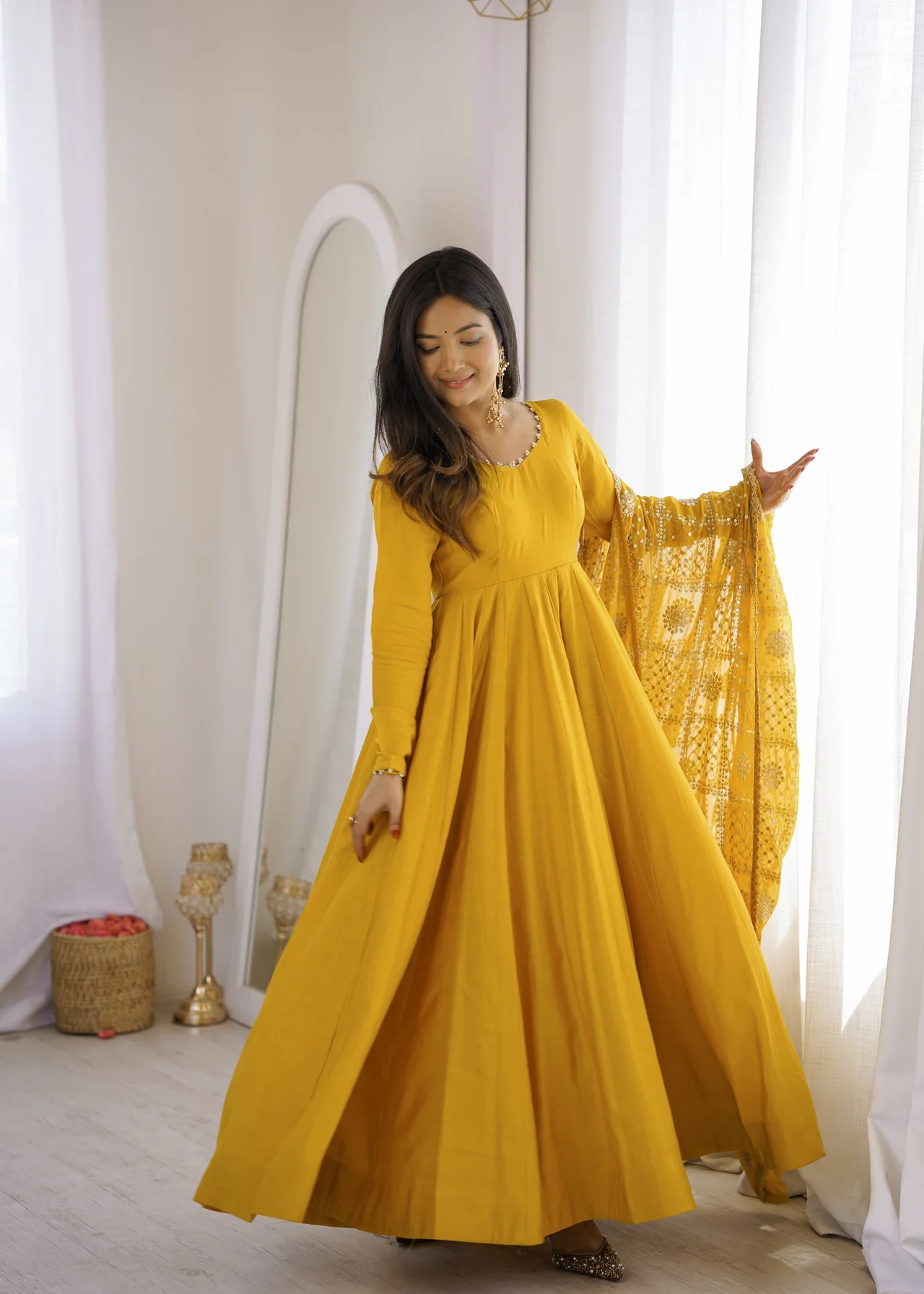 Premium Pure RomanSilk Chanderi 16 Kali Flare Anarkali Gown with Dupatta in Yellow — photo 4 of 10