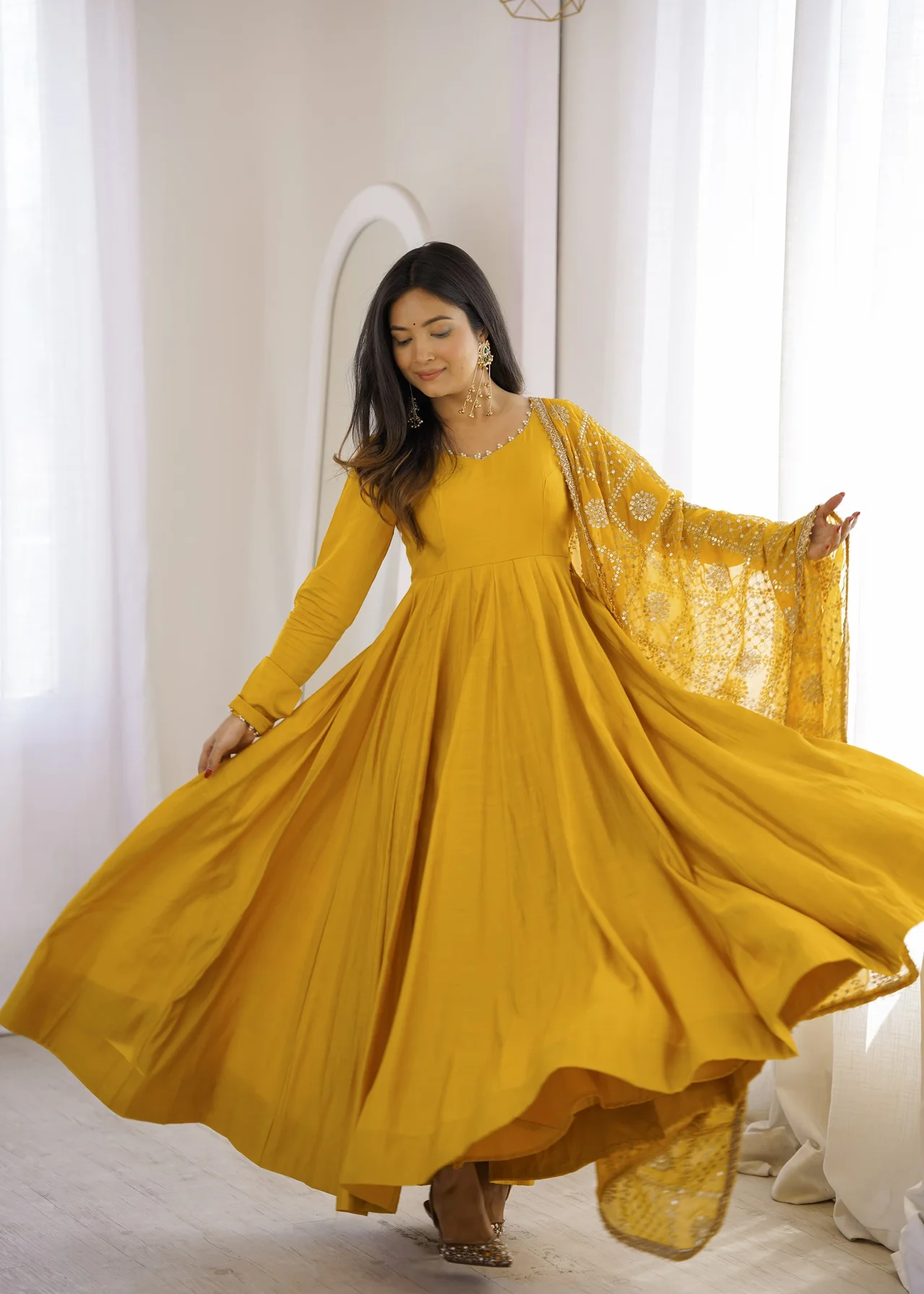 Premium Pure RomanSilk Chanderi 16 Kali Flare Anarkali Gown with Dupatta in Yellow — photo 6 of 10