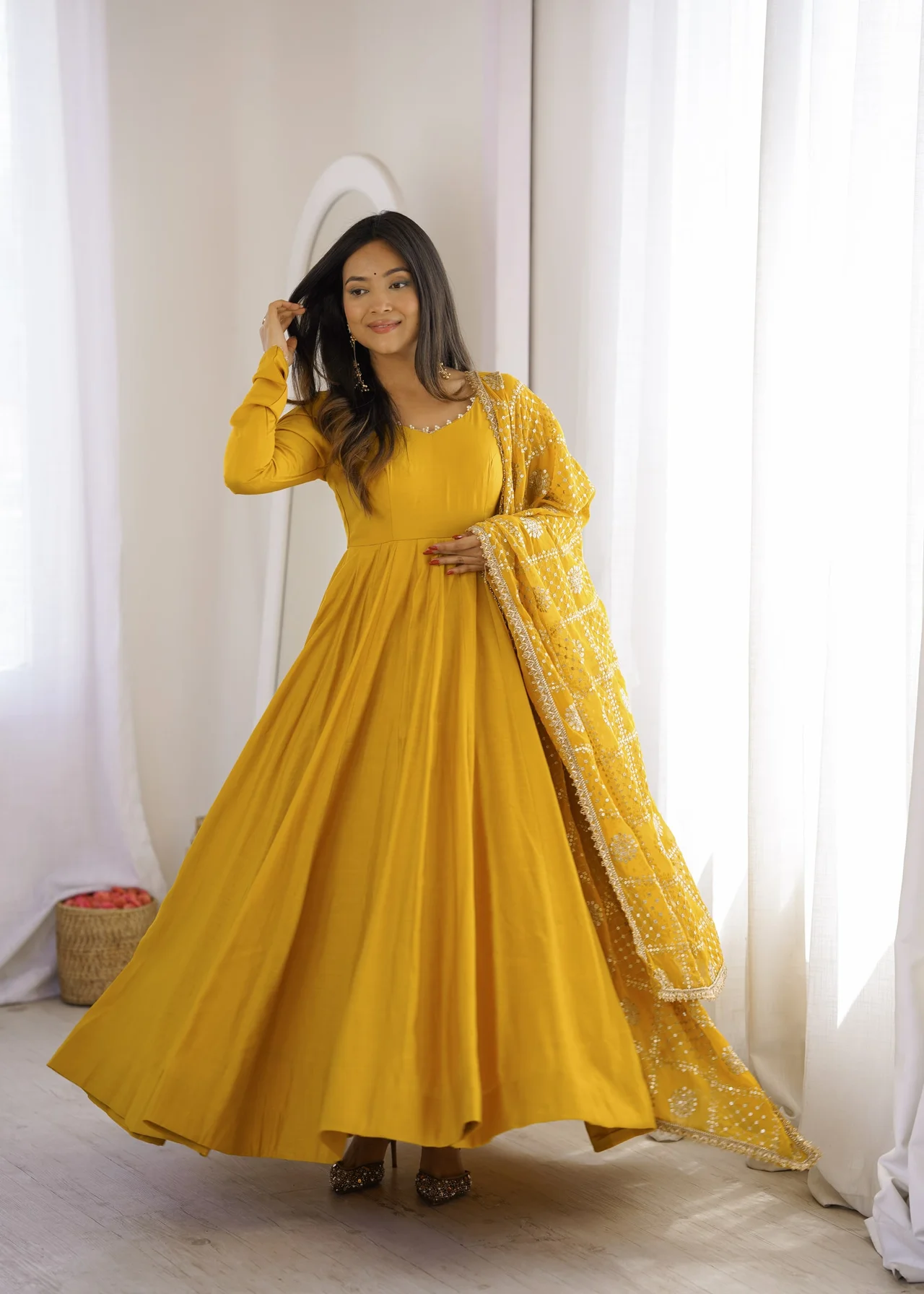 Premium Pure RomanSilk Chanderi 16 Kali Flare Anarkali Gown with Dupatta in Yellow — photo 7 of 10