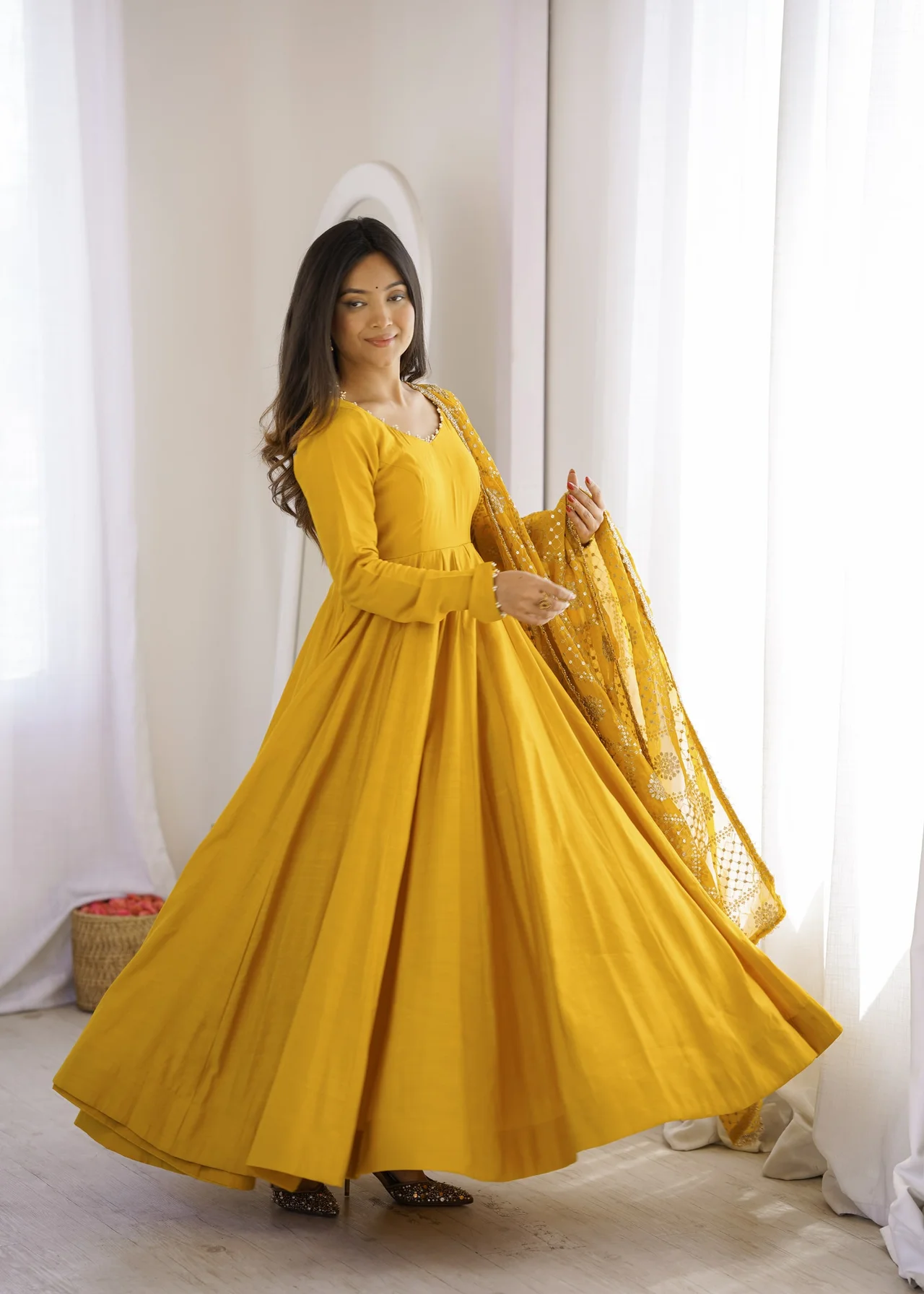 Premium Pure RomanSilk Chanderi 16 Kali Flare Anarkali Gown with Dupatta in Yellow — photo 8 of 10
