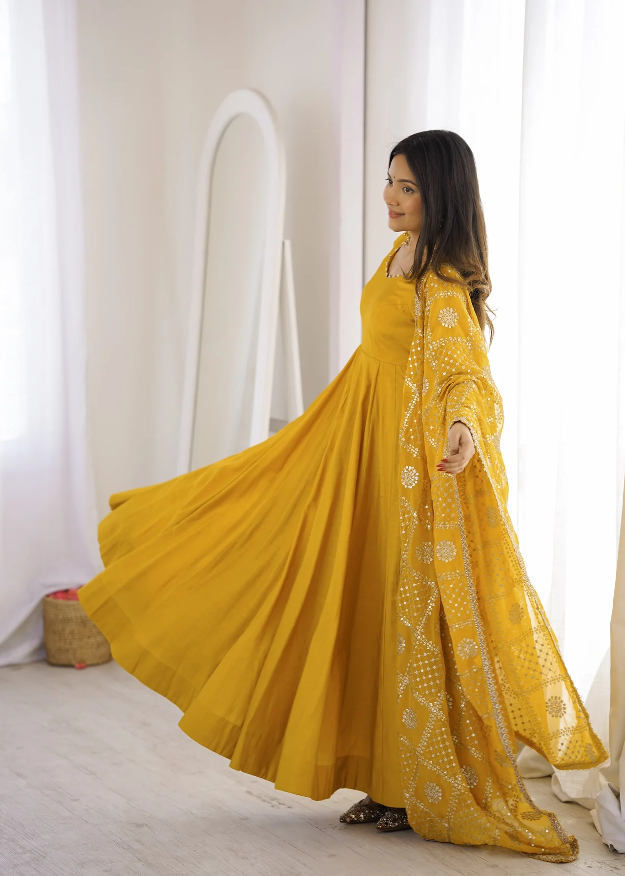Premium Pure RomanSilk Chanderi 16 Kali Flare Anarkali Gown with Dupatta in Yellow — photo 9 of 10