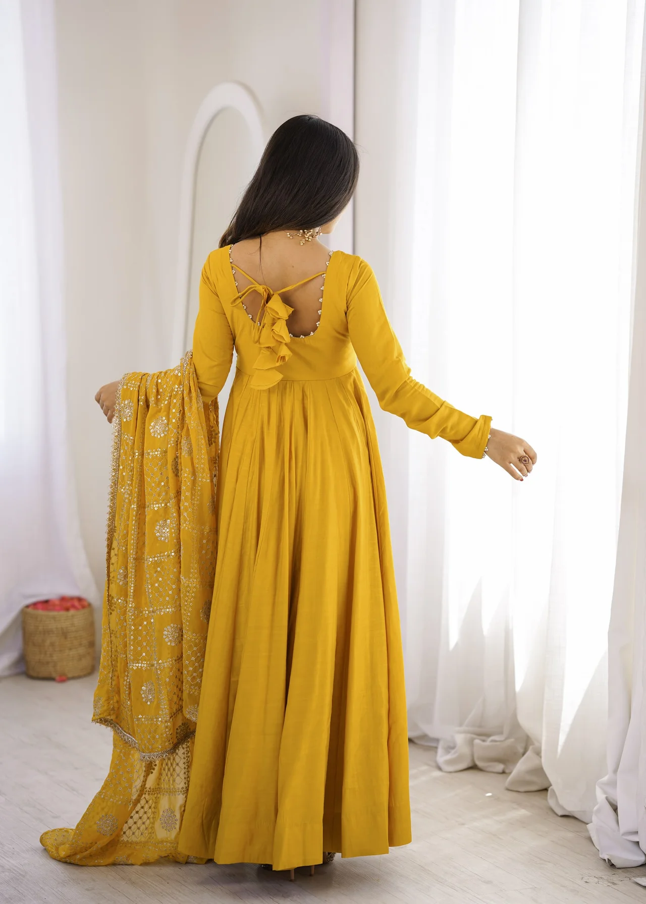 Premium Pure RomanSilk Chanderi 16 Kali Flare Anarkali Gown with Dupatta in Yellow — photo 10 of 10