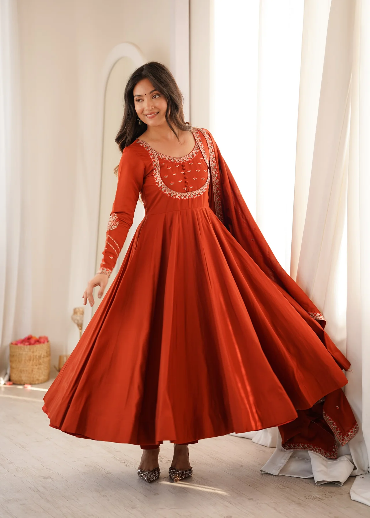 High Premium Pure Roman Chanderi Silk 16 Kali Flare Anarkali with Dupatta & Pant in Orange — photo 3 of 8