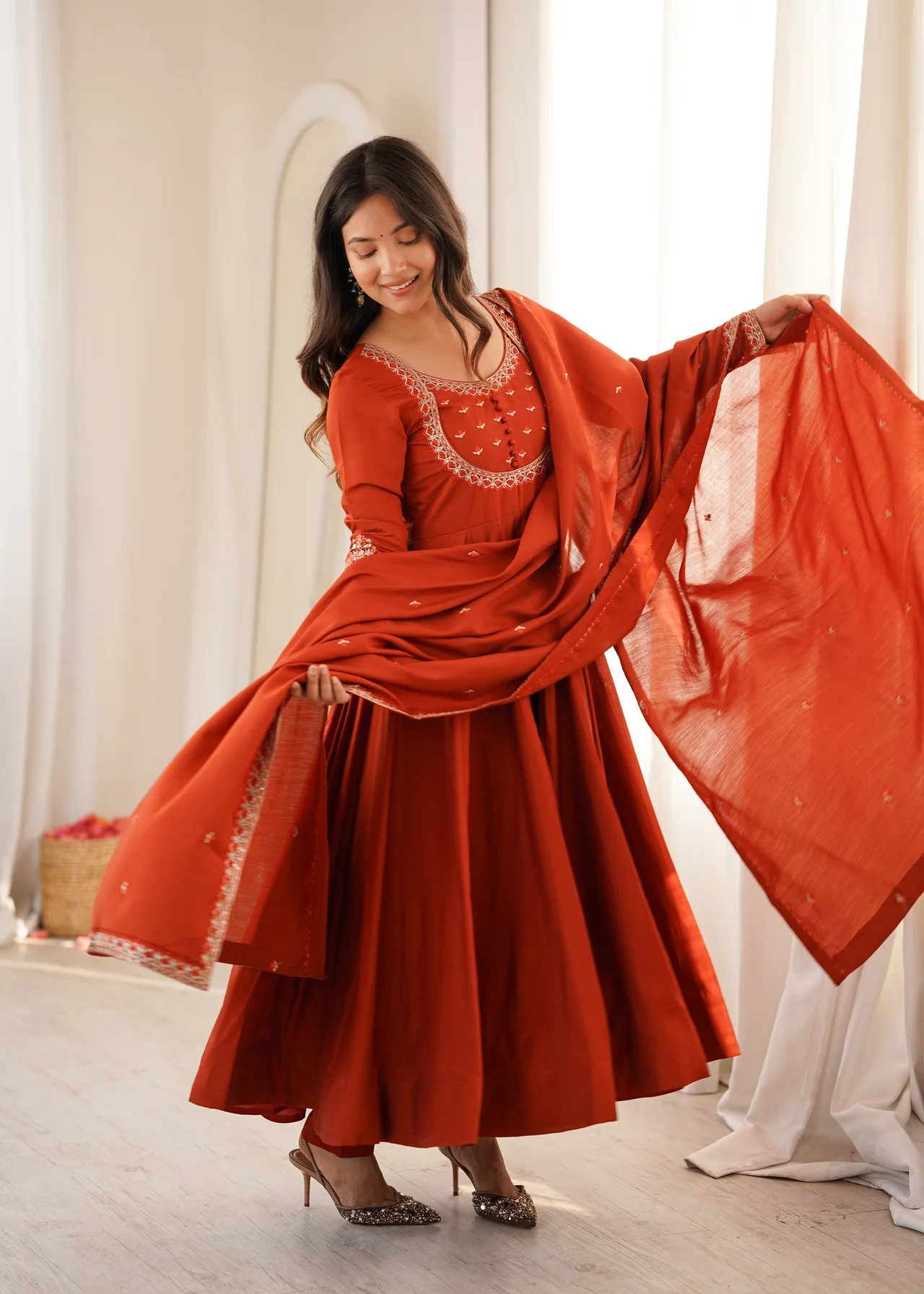High Premium Pure Roman Chanderi Silk 16 Kali Flare Anarkali with Dupatta & Pant in Orange — photo 4 of 8