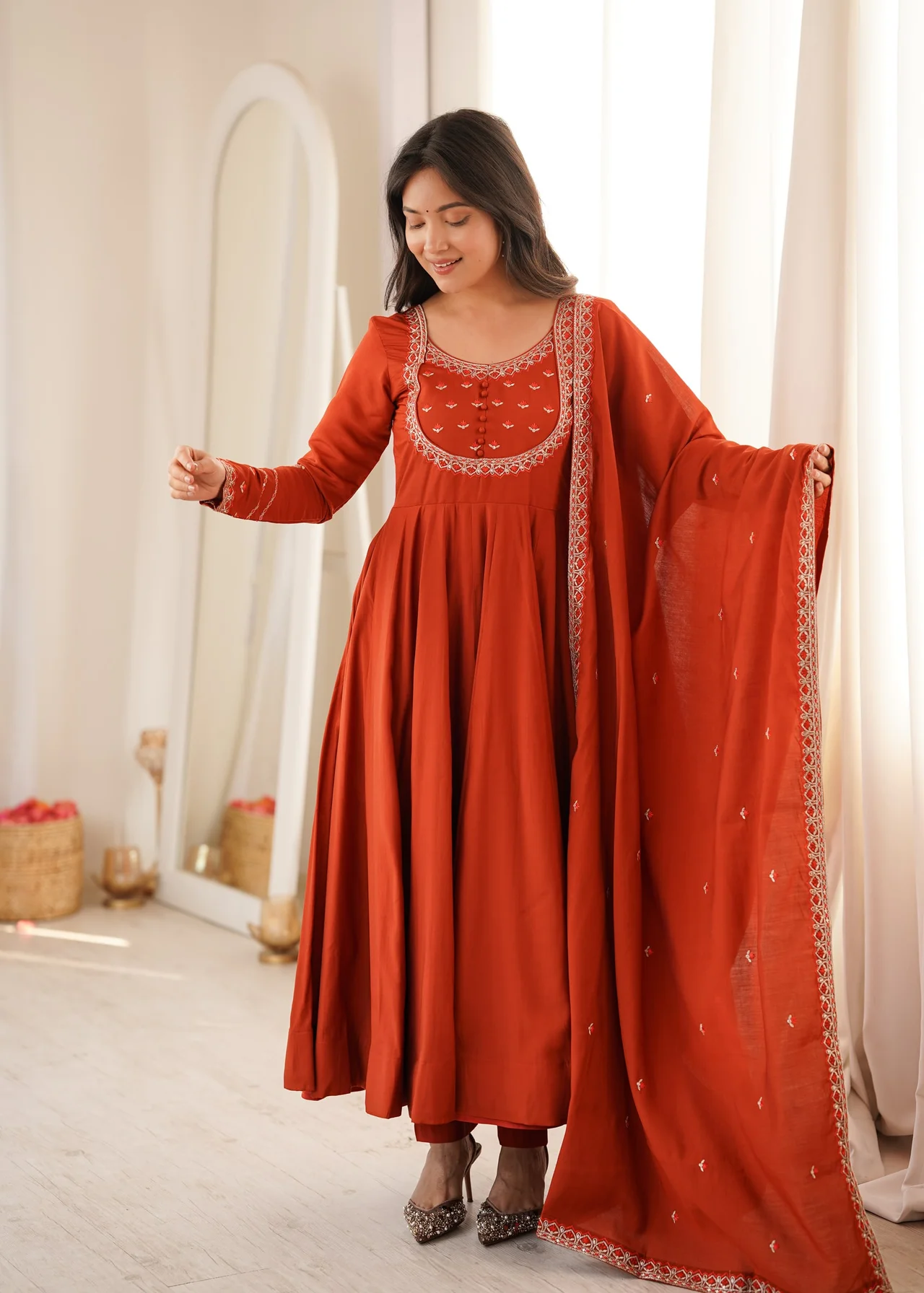 High Premium Pure Roman Chanderi Silk 16 Kali Flare Anarkali with Dupatta & Pant in Orange — photo 5 of 8