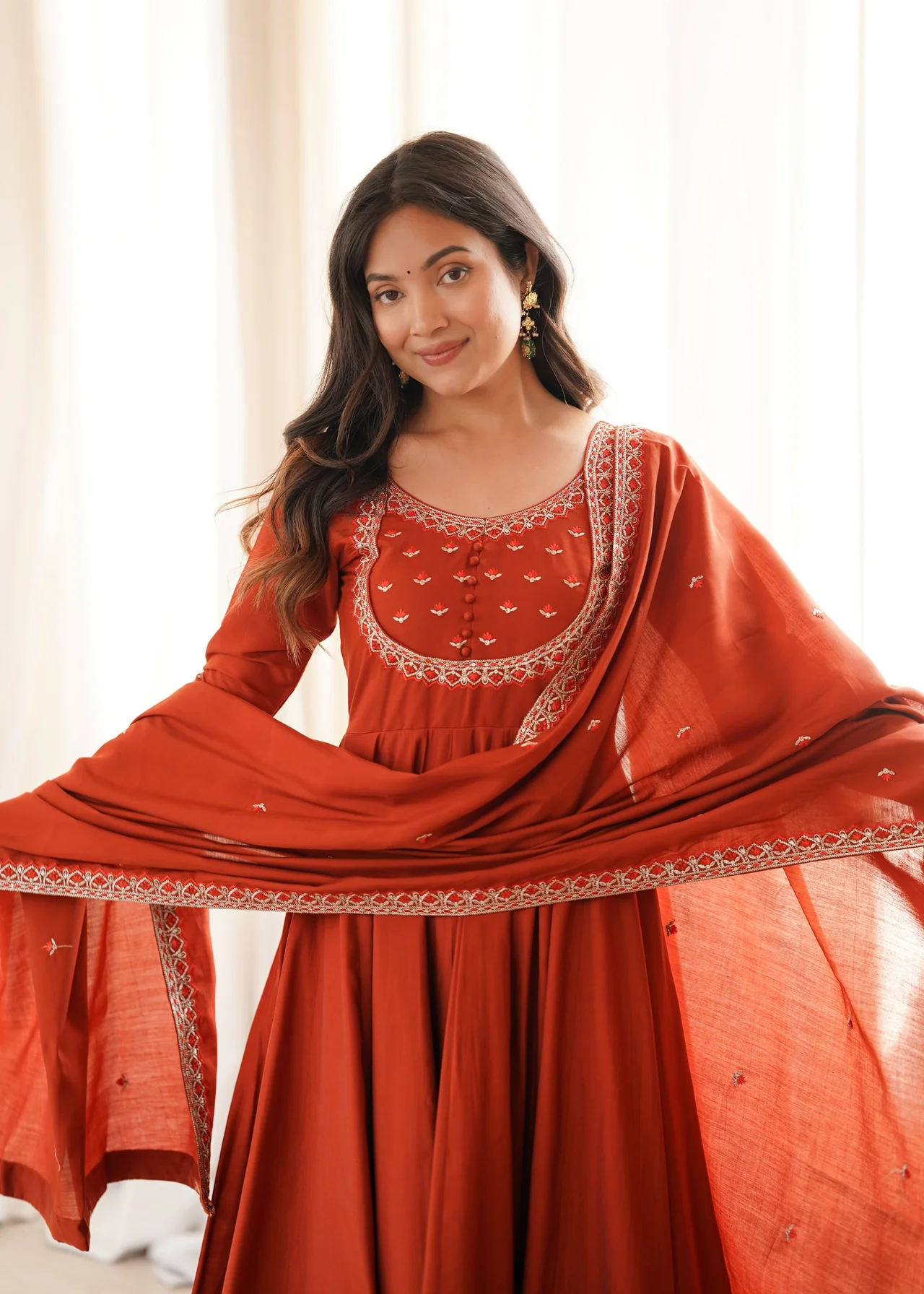 High Premium Pure Roman Chanderi Silk 16 Kali Flare Anarkali with Dupatta & Pant in Orange — photo 6 of 8