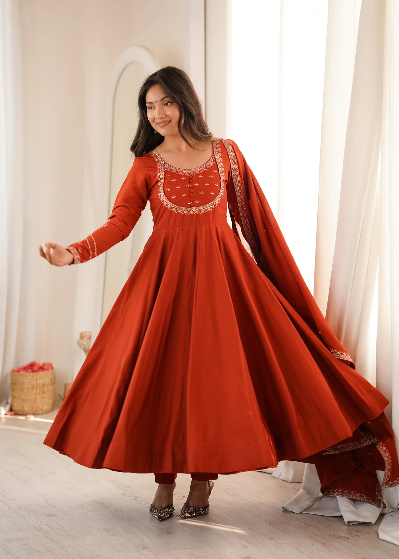 High Premium Pure Roman Chanderi Silk 16 Kali Flare Anarkali with Dupatta & Pant in Orange — photo 7 of 8