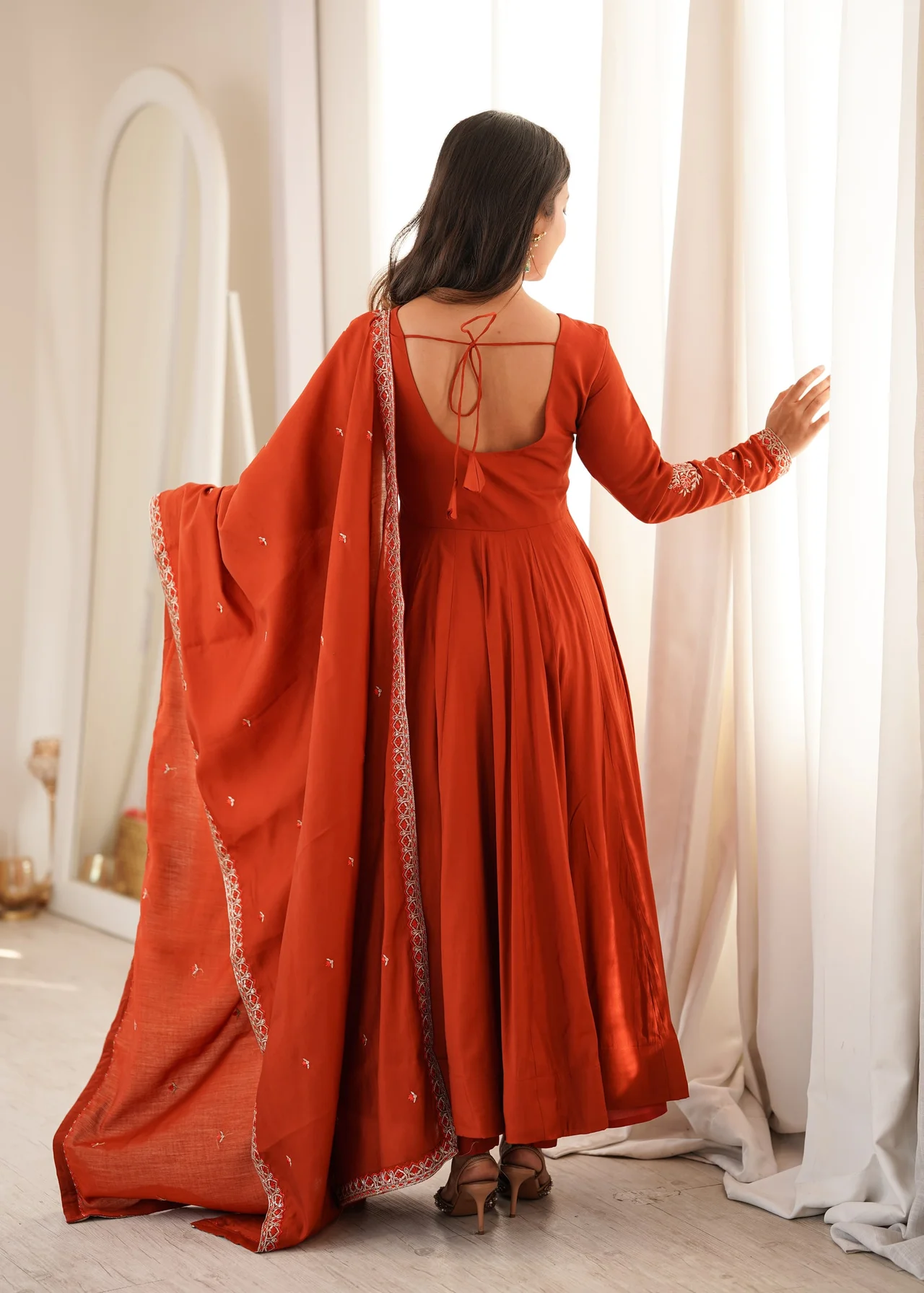 High Premium Pure Roman Chanderi Silk 16 Kali Flare Anarkali with Dupatta & Pant in Orange — photo 8 of 8
