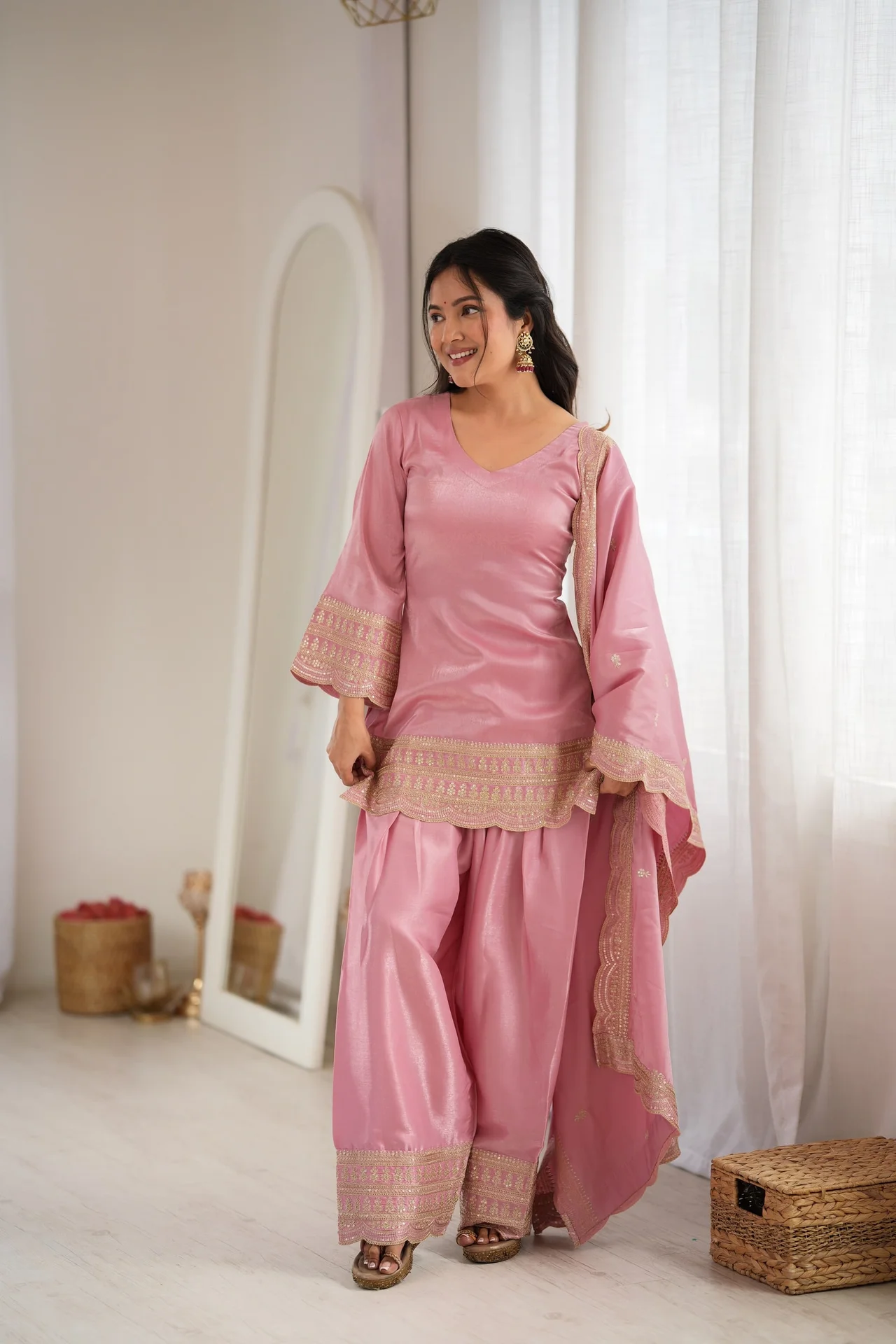 Glass Roman Silk Farshi Shalwar Suit Set with Embroidery, Sequence, Dori & Jari Work in Blush Pink — photo 2 of 9