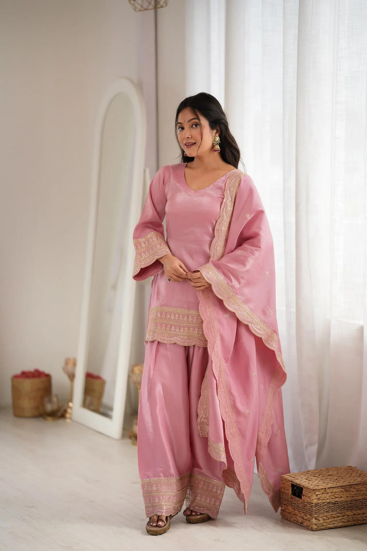 Glass Roman Silk Farshi Shalwar Suit Set with Embroidery, Sequence, Dori & Jari Work in Blush Pink — photo 5 of 9