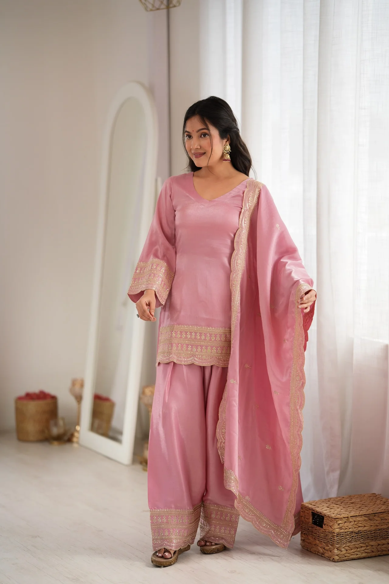 Glass Roman Silk Farshi Shalwar Suit Set with Embroidery, Sequence, Dori & Jari Work in Blush Pink — photo 6 of 9