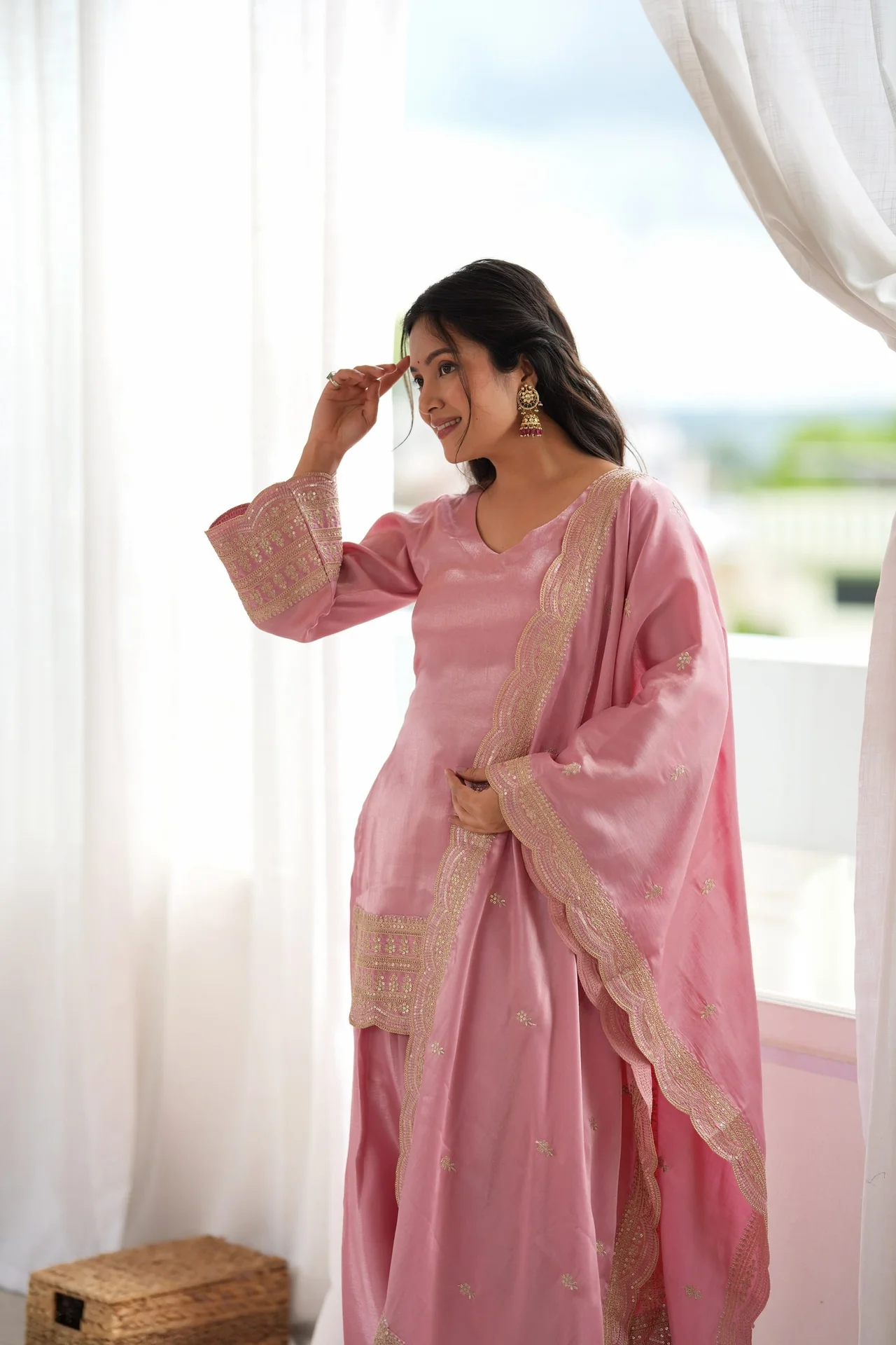 Glass Roman Silk Farshi Shalwar Suit Set with Embroidery, Sequence, Dori & Jari Work in Blush Pink — photo 8 of 9