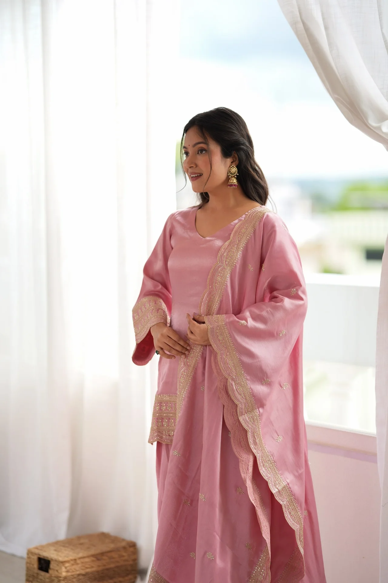 Glass Roman Silk Farshi Shalwar Suit Set with Embroidery, Sequence, Dori & Jari Work in Blush Pink — photo 9 of 9