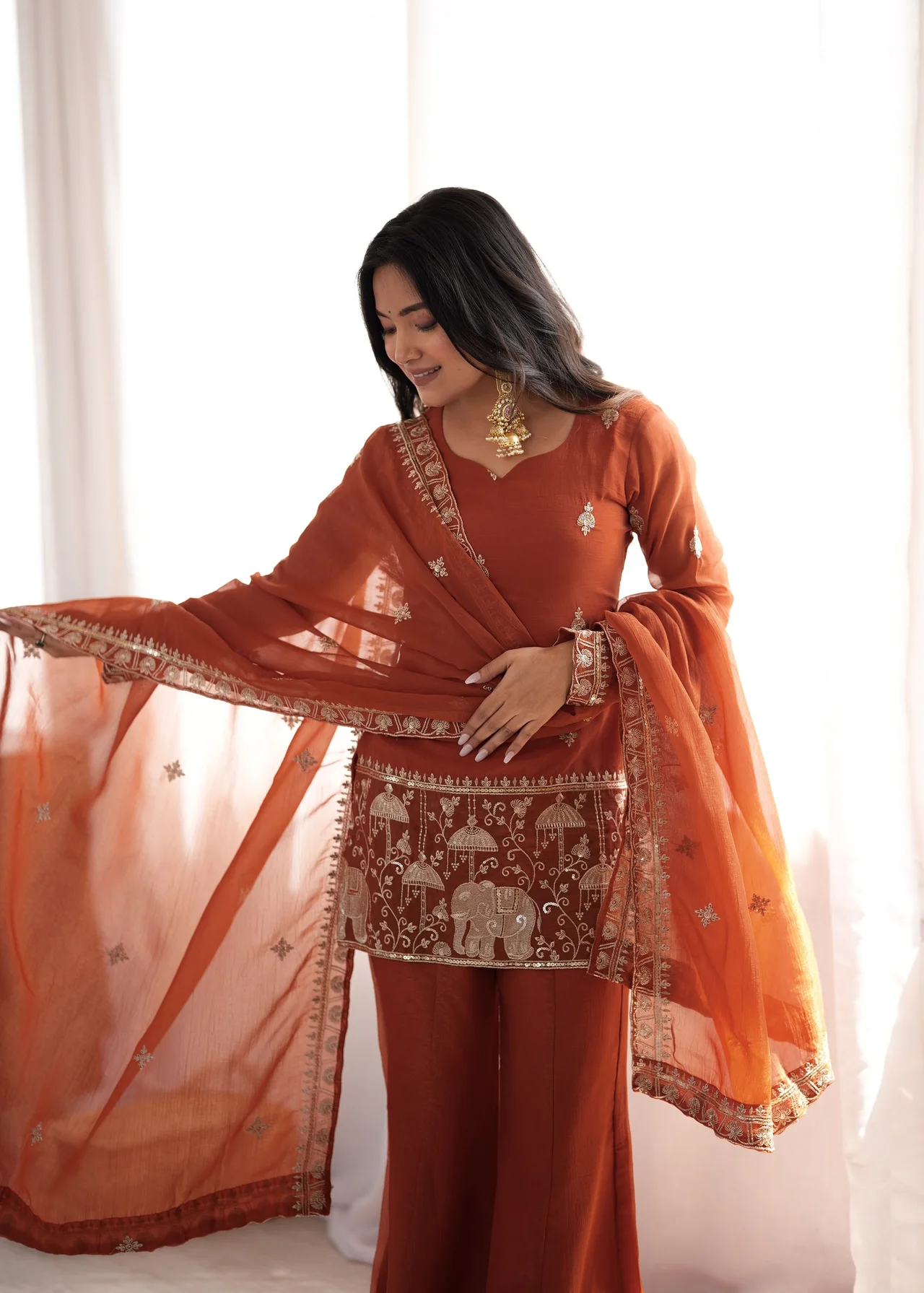 Crunchy Silk Embroidery Sequence Jari Work Top, Dupatta & Bell Bottom Pant Set in Rust — photo 2 of 9