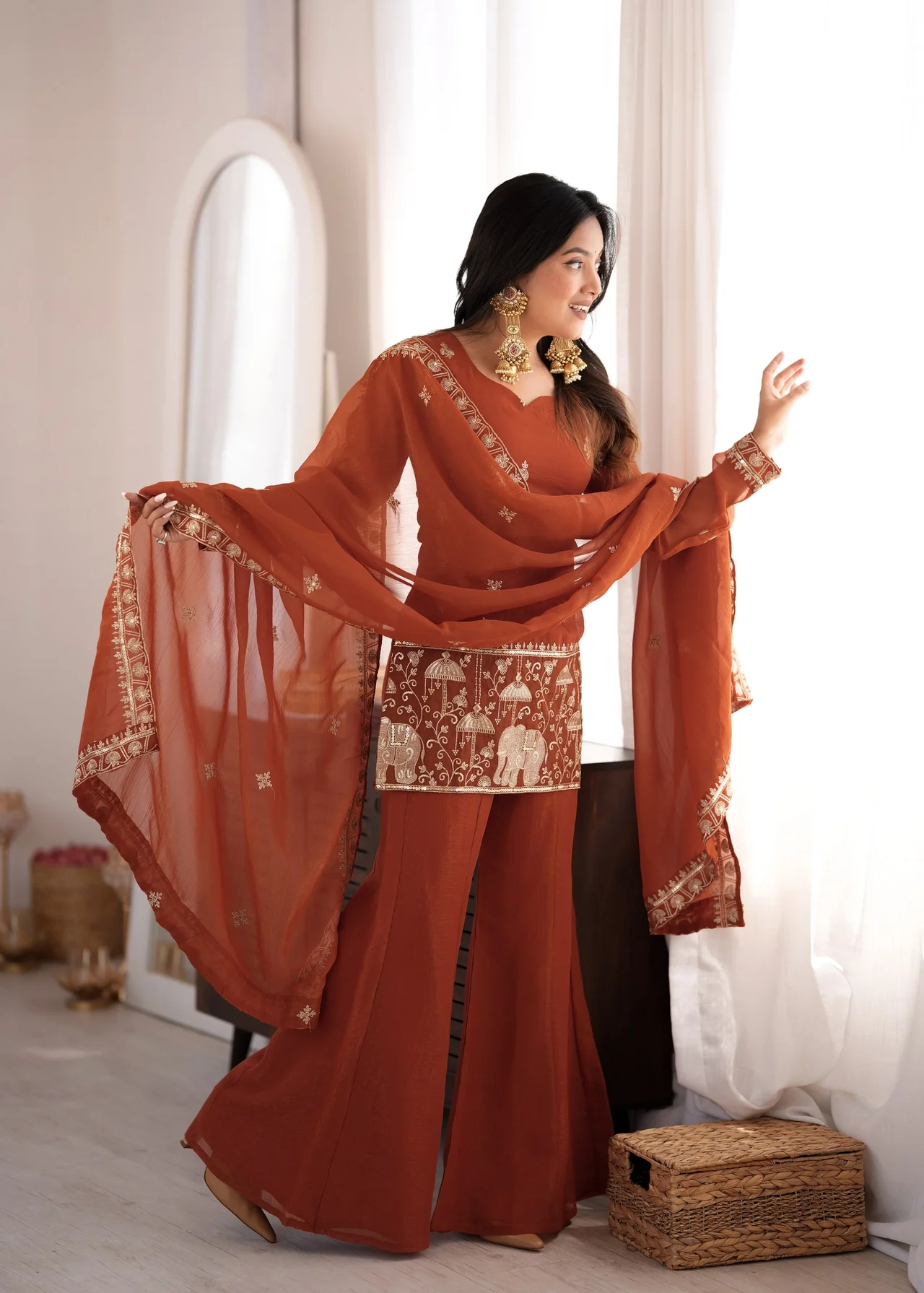 Crunchy Silk Embroidery Sequence Jari Work Top, Dupatta & Bell Bottom Pant Set in Rust — photo 3 of 9
