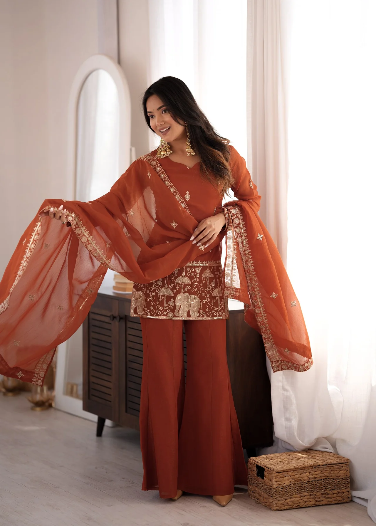 Crunchy Silk Embroidery Sequence Jari Work Top, Dupatta & Bell Bottom Pant Set in Rust — photo 4 of 9