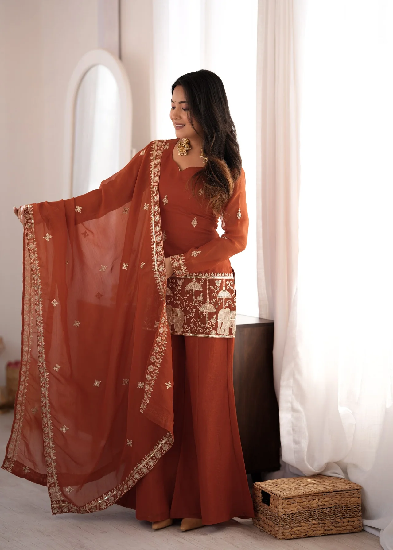 Crunchy Silk Embroidery Sequence Jari Work Top, Dupatta & Bell Bottom Pant Set in Rust — photo 5 of 9