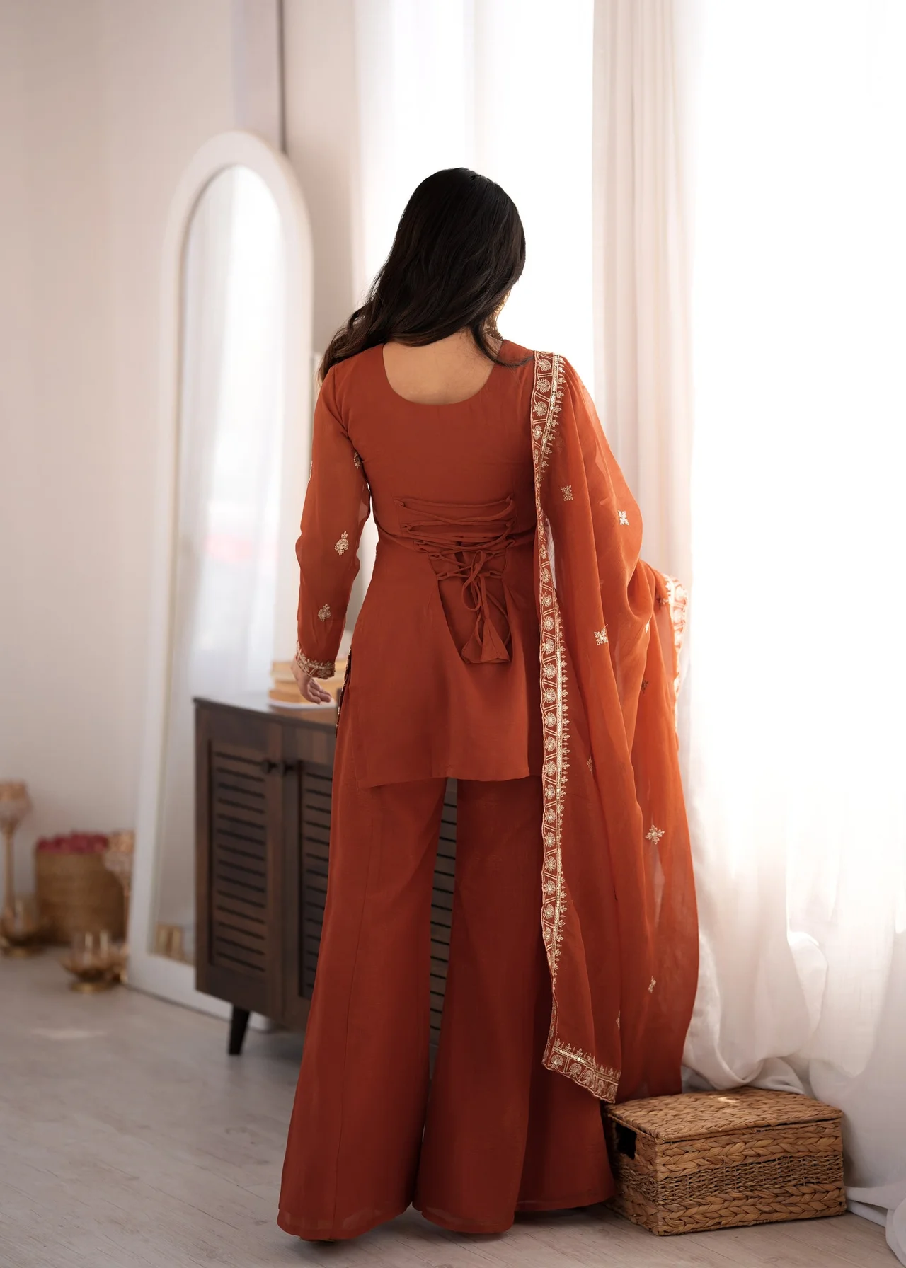 Crunchy Silk Embroidery Sequence Jari Work Top, Dupatta & Bell Bottom Pant Set in Rust — photo 6 of 9