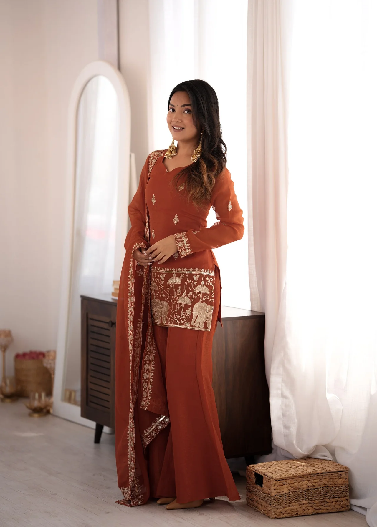 Crunchy Silk Embroidery Sequence Jari Work Top, Dupatta & Bell Bottom Pant Set in Rust — photo 7 of 9