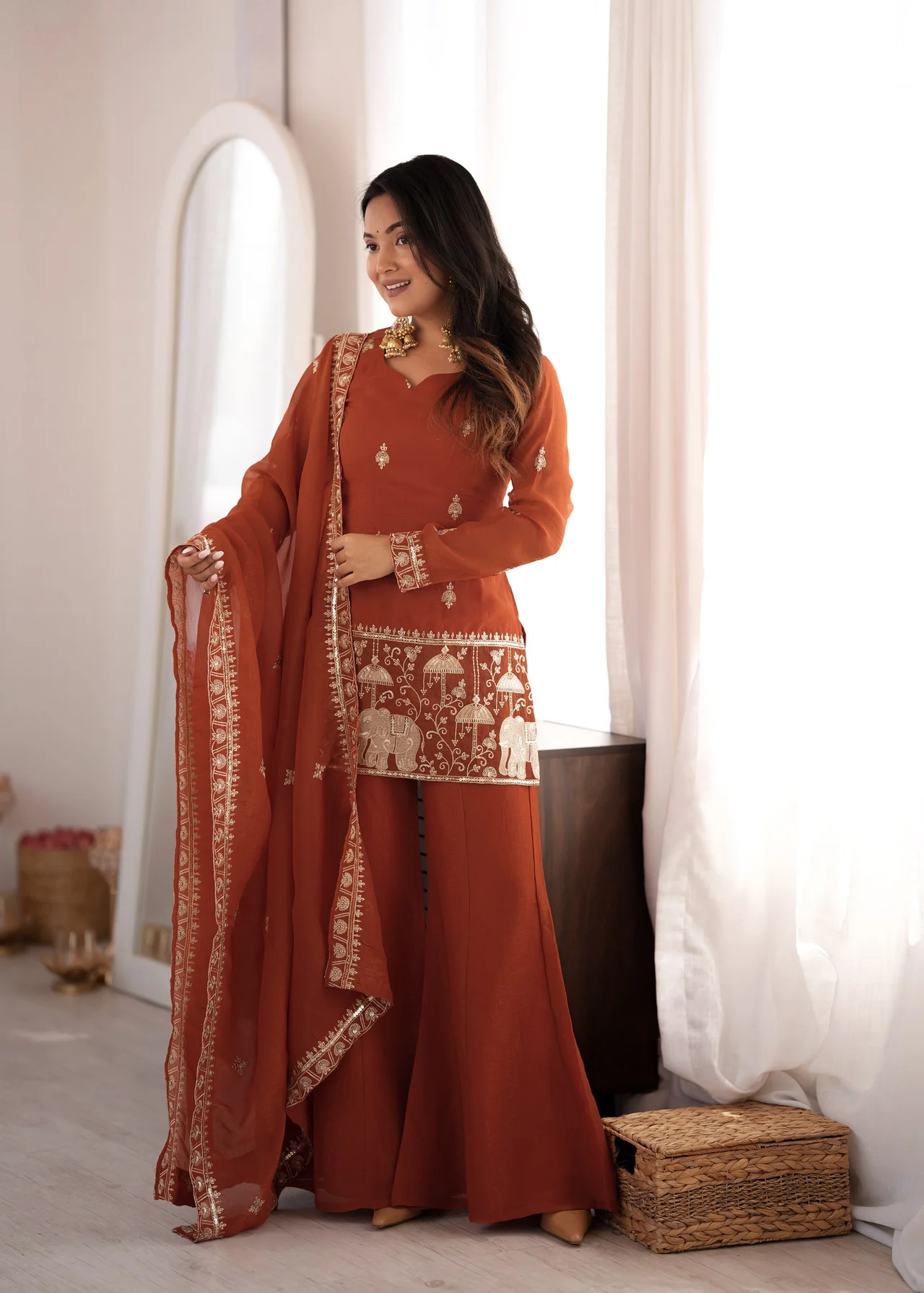 Crunchy Silk Embroidery Sequence Jari Work Top, Dupatta & Bell Bottom Pant Set in Rust — photo 8 of 9