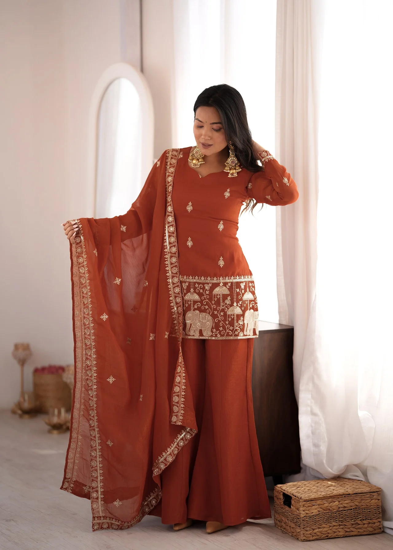 Crunchy Silk Embroidery Sequence Jari Work Top, Dupatta & Bell Bottom Pant Set in Rust — photo 9 of 9
