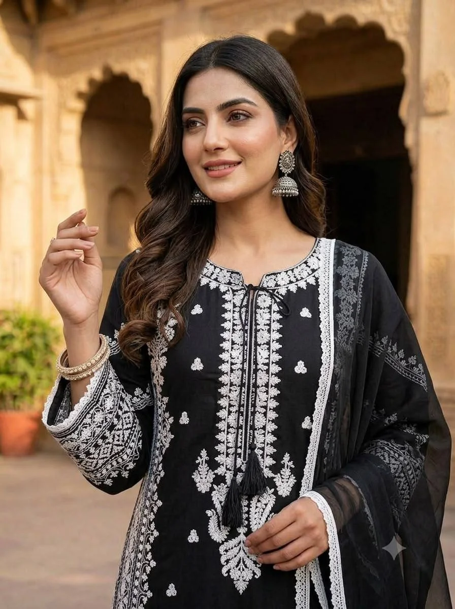 Rayon Satin Top Palazzo Set with Cotton Inner & Tebby Soft Organza Dupatta in Black — photo 3 of 5