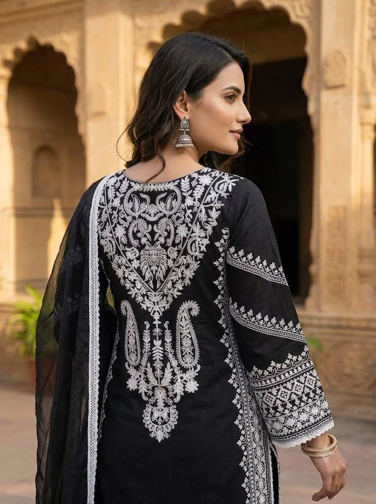 Rayon Satin Top Palazzo Set with Cotton Inner & Tebby Soft Organza Dupatta in Black — photo 4 of 5