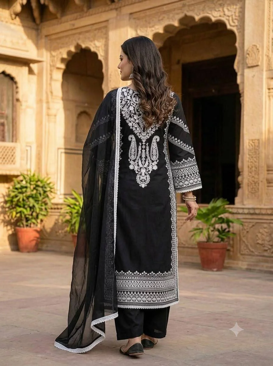 Rayon Satin Top Palazzo Set with Cotton Inner & Tebby Soft Organza Dupatta in Black — photo 5 of 5