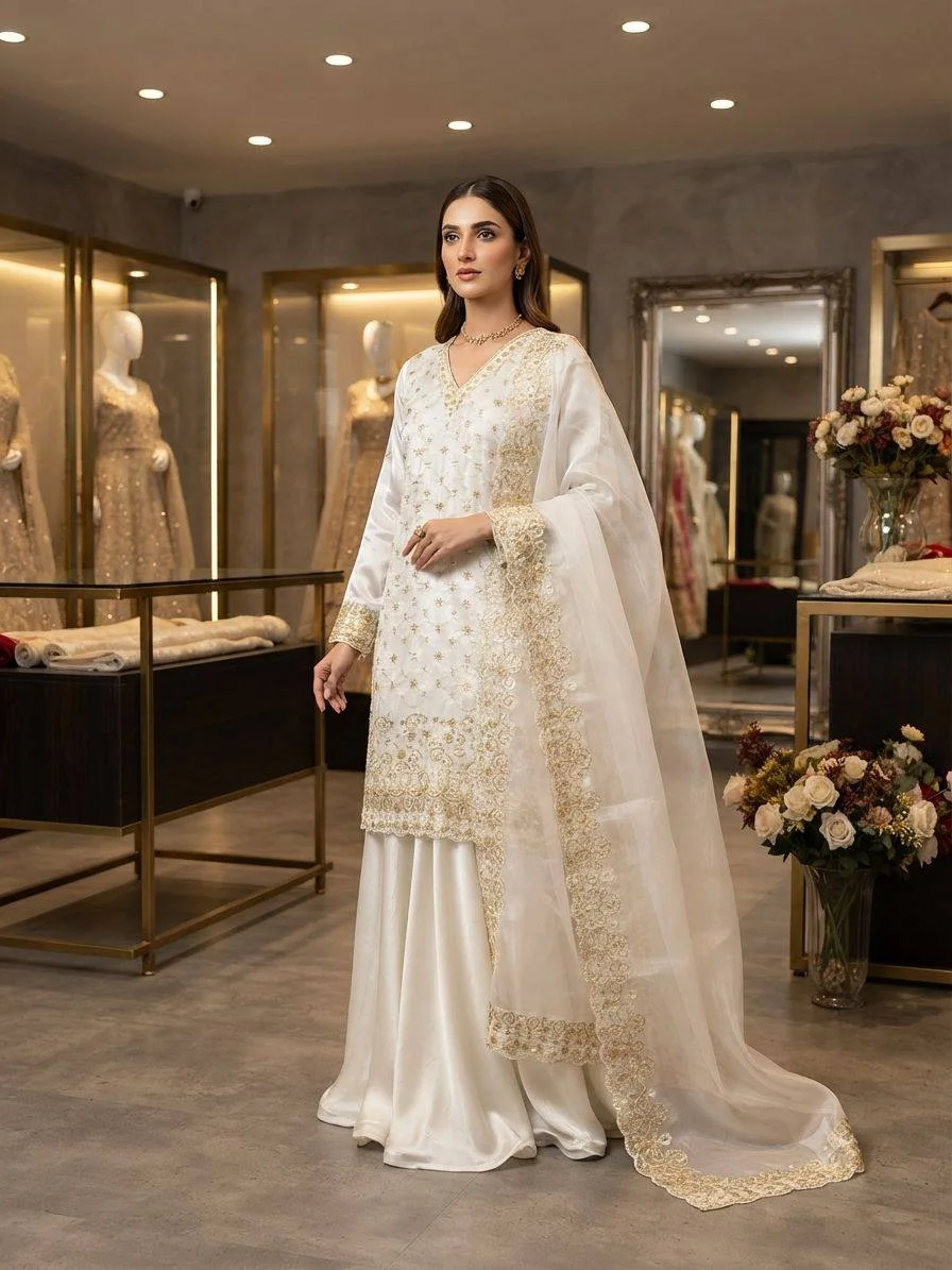 Fendy Kurti Palazzo Dupatta Set for Women in Off White — photo 2 of 5