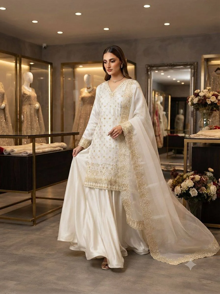 Fendy Kurti Palazzo Dupatta Set for Women in Off White — photo 3 of 5