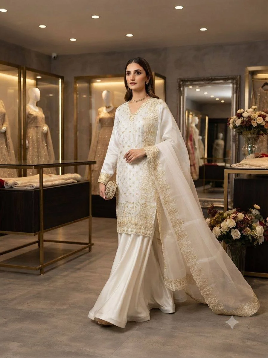 Fendy Kurti Palazzo Dupatta Set for Women in Off White — photo 4 of 5