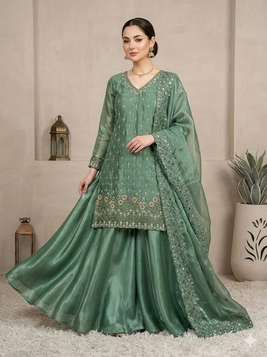 Fendy Kurti Palazzo Set for Women with Beads, Sequence Embroidery & Cut Work in Sage Green — photo 3 of 5