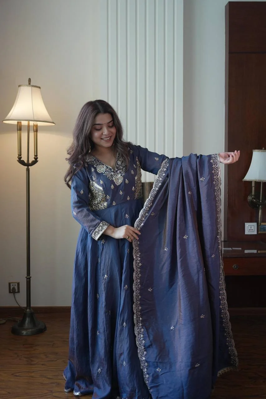 Vichitra Gown Pant Dupatta Set for Women in Blue — photo 2 of 7