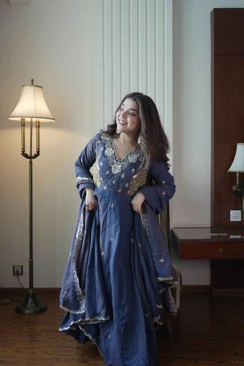 Vichitra Gown Pant Dupatta Set for Women in Blue — photo 3 of 7