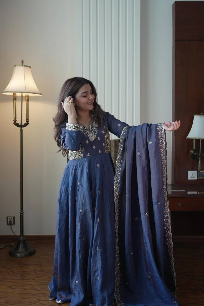 Vichitra Gown Pant Dupatta Set for Women in Blue — photo 4 of 7